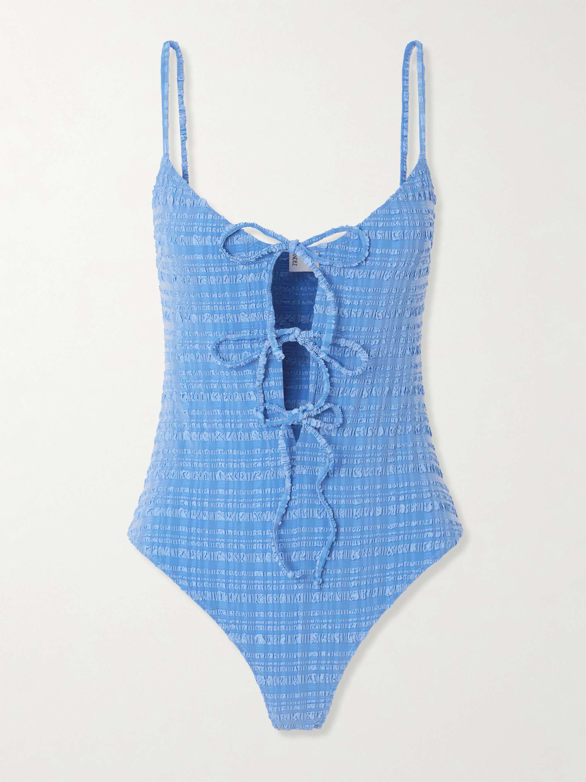 Tie-detailed striped seersucker swimsuit hero visual
