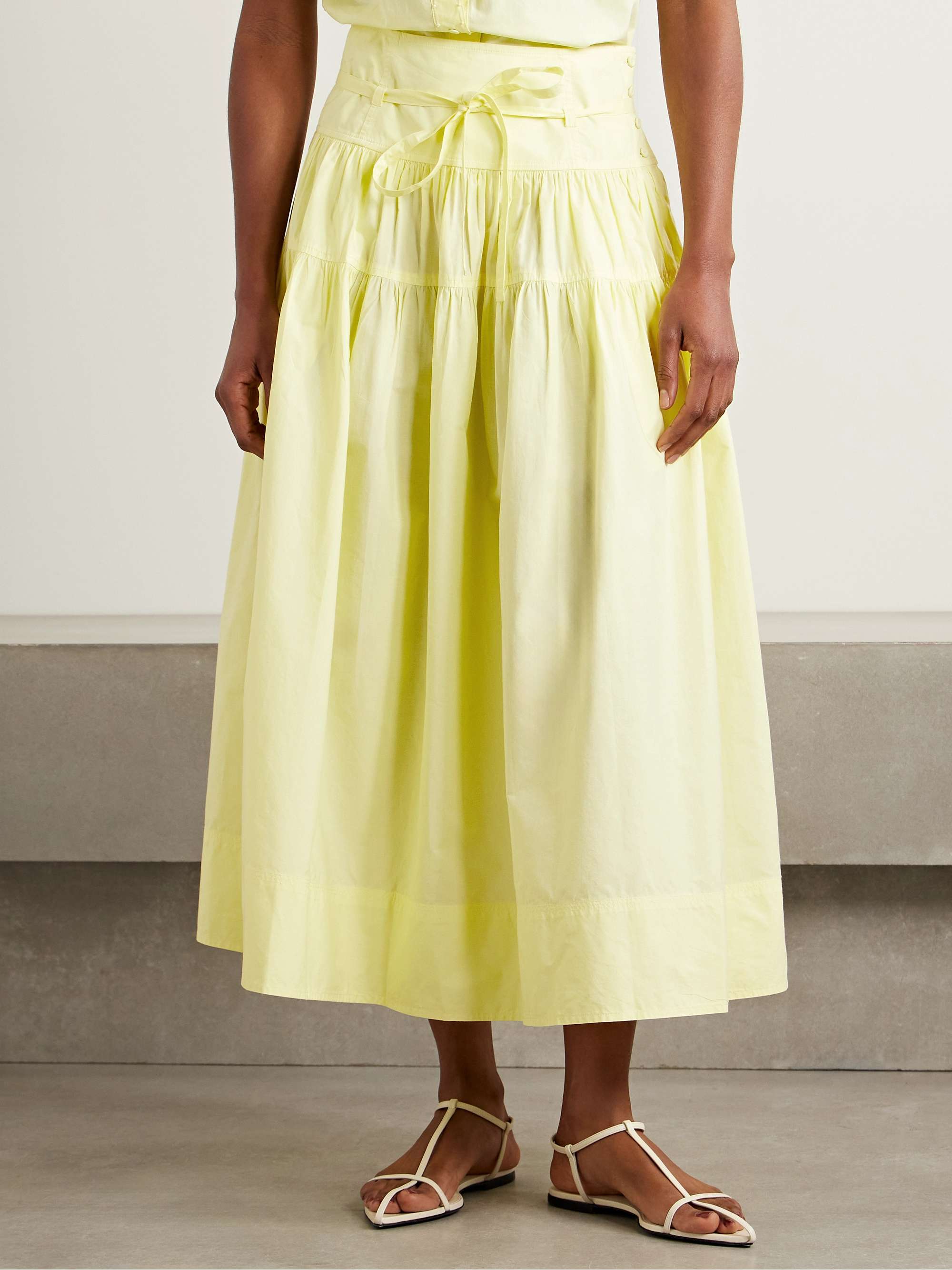Angeline tie-detailed gathered washed cotton-poplin midi skirt view