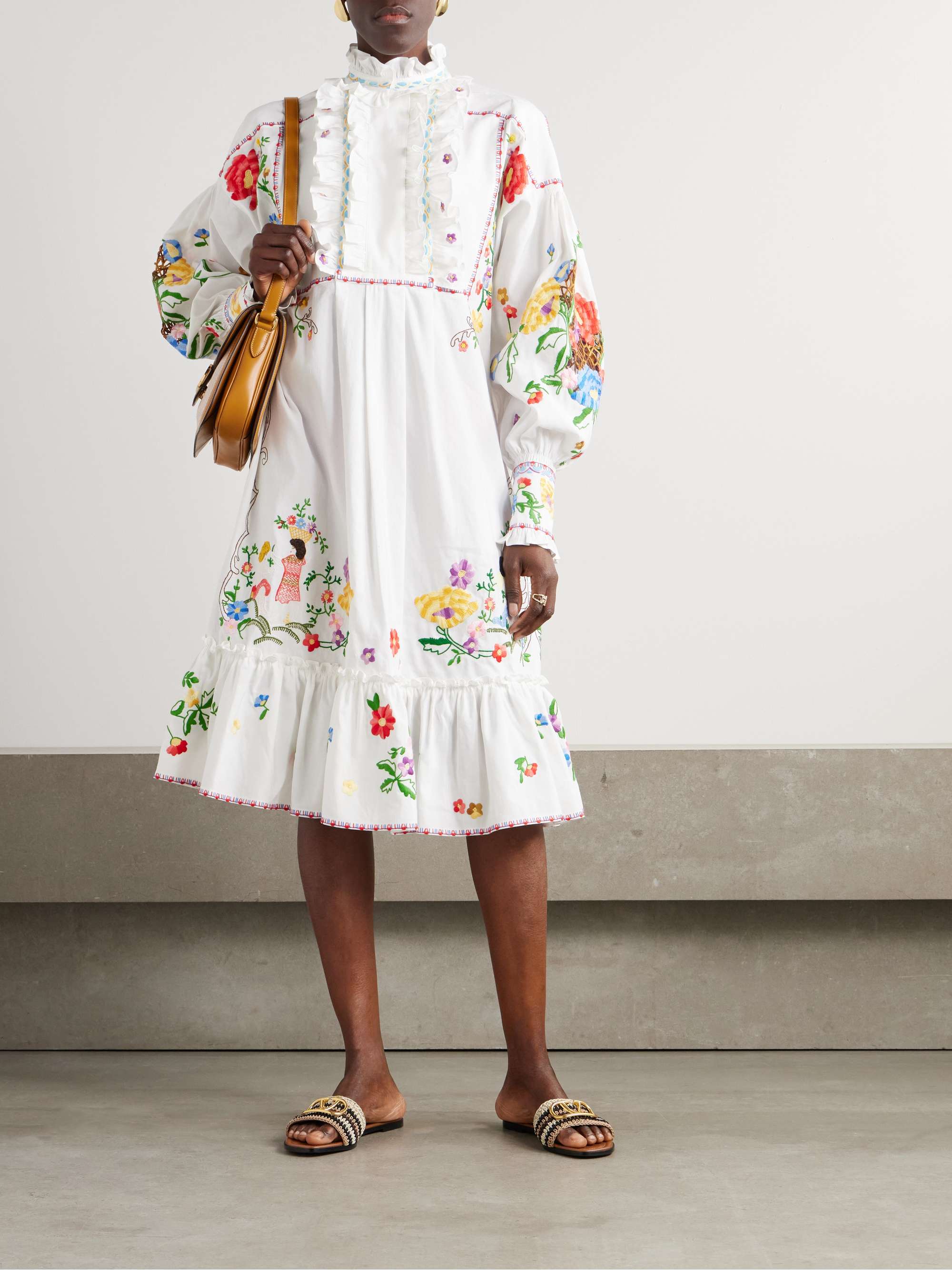 Ruffled embroidered cotton, linen and silk-blend dress view