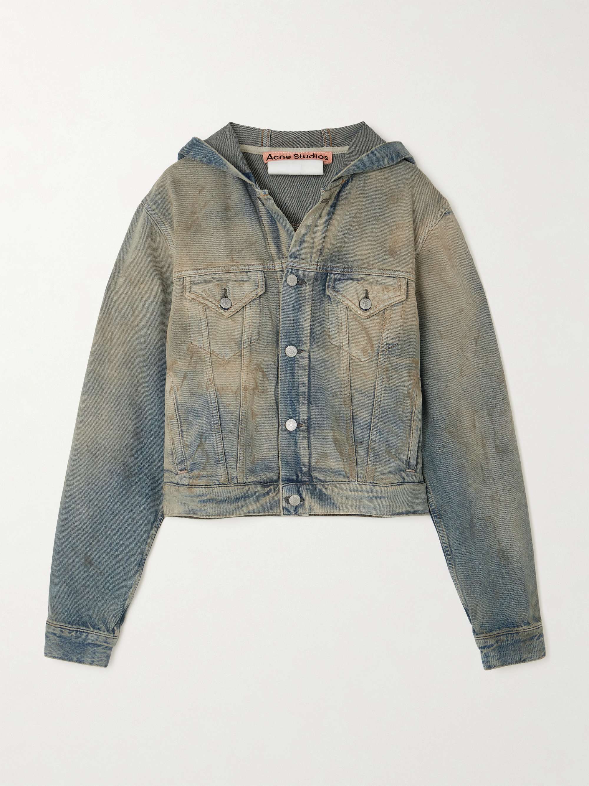 Hooded distressed organic denim jacket hero visual