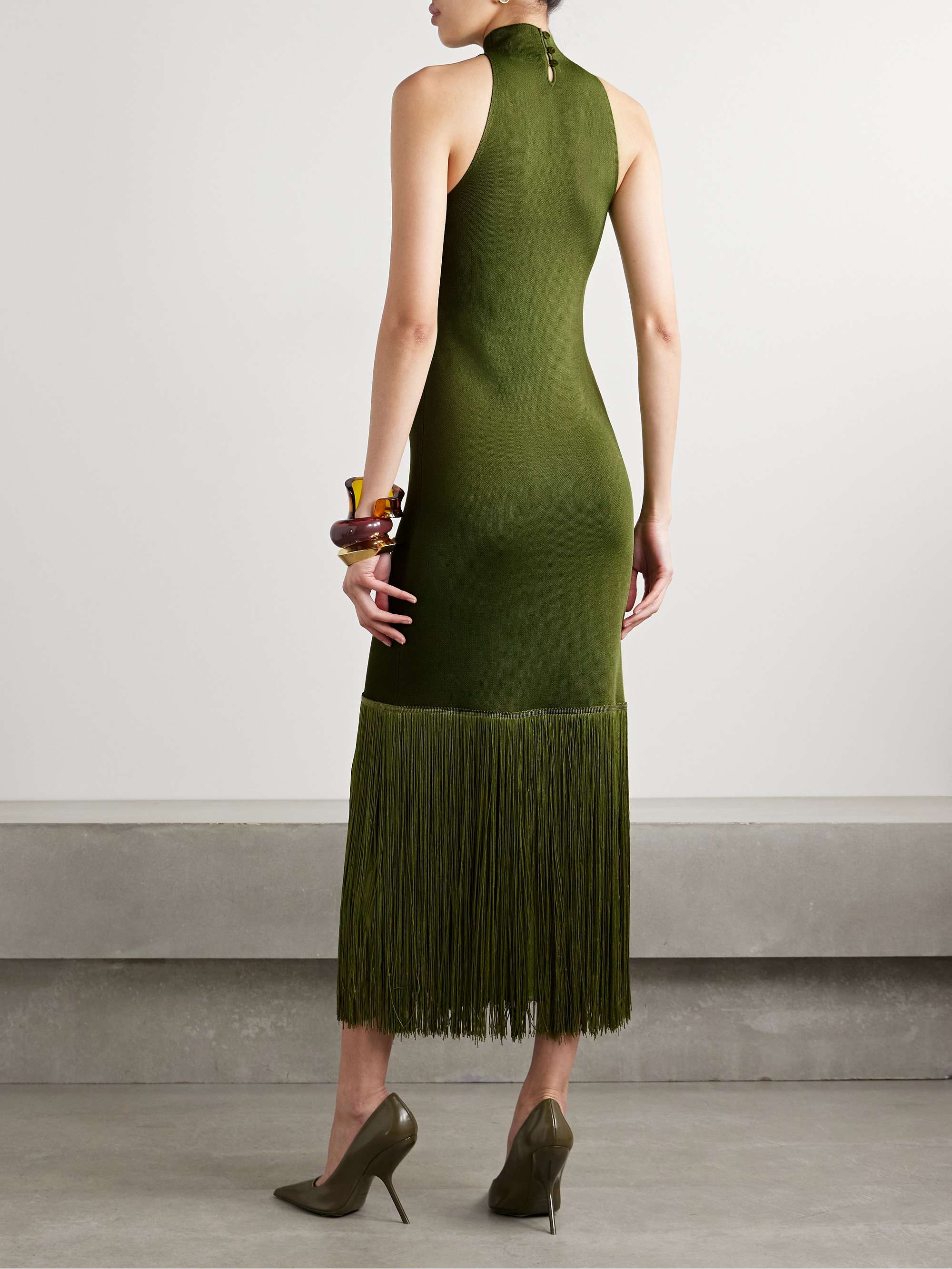 Cash fringed stretch-knit turtleneck midi dress view