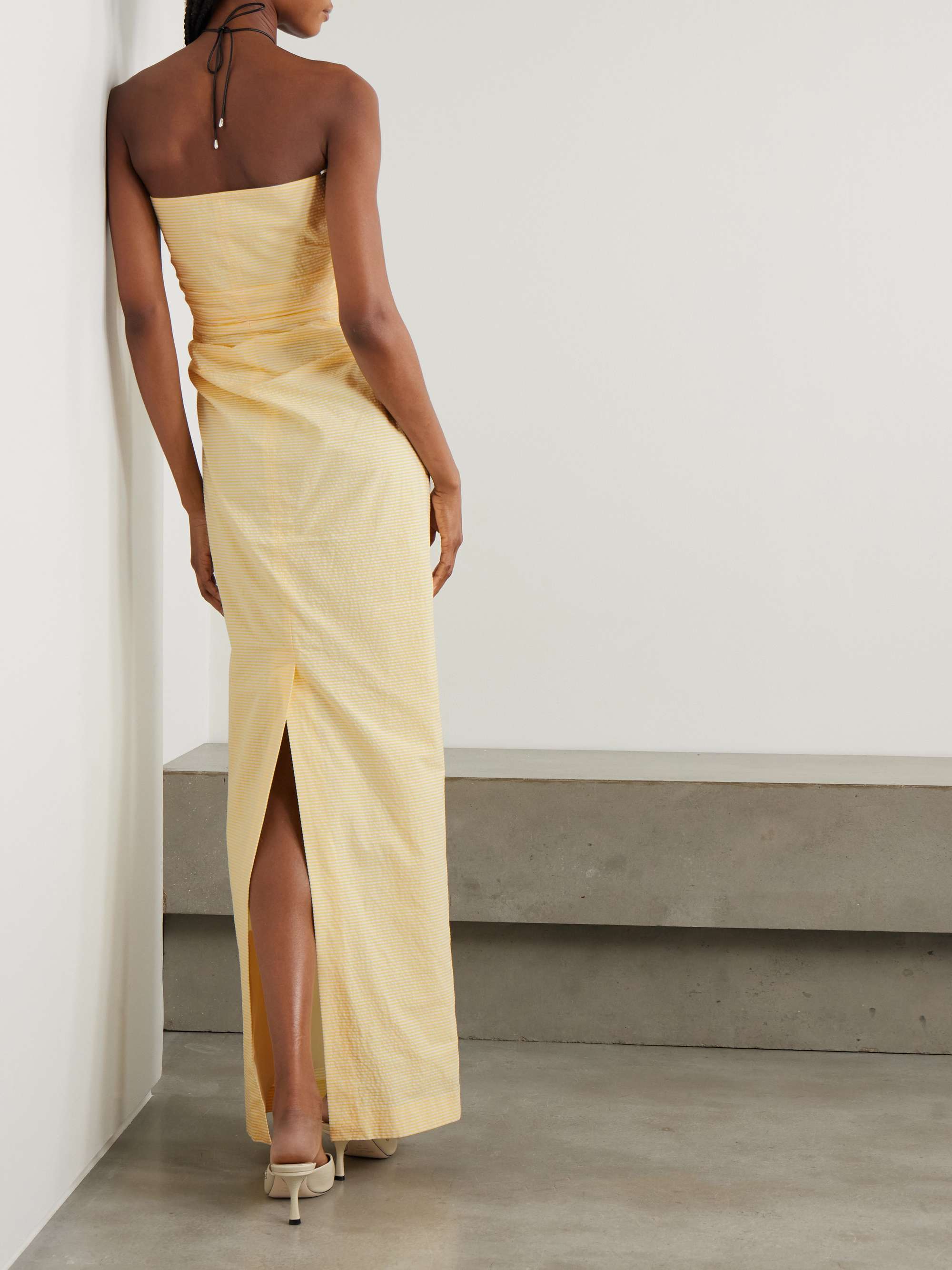 Vera strapless ruched striped cotton-seersucker maxi dress view