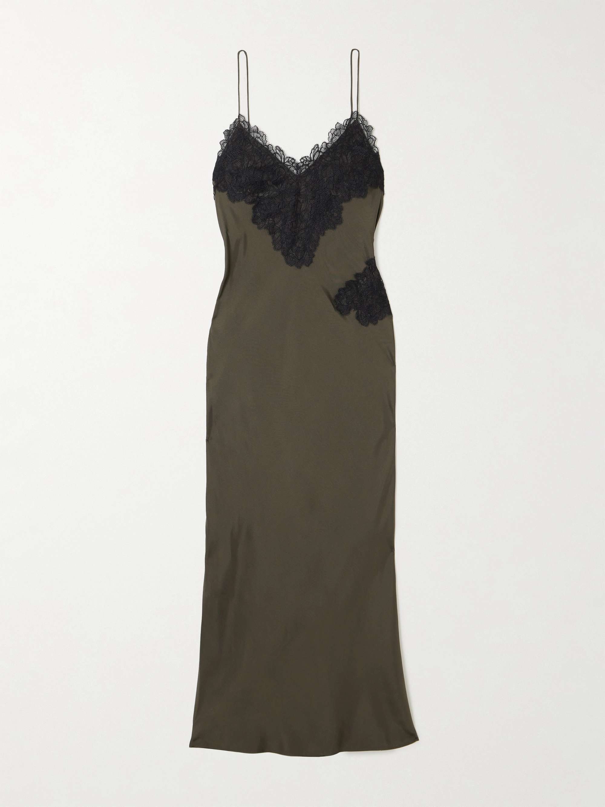 Lace-trimmed silk maxi dress hero visual