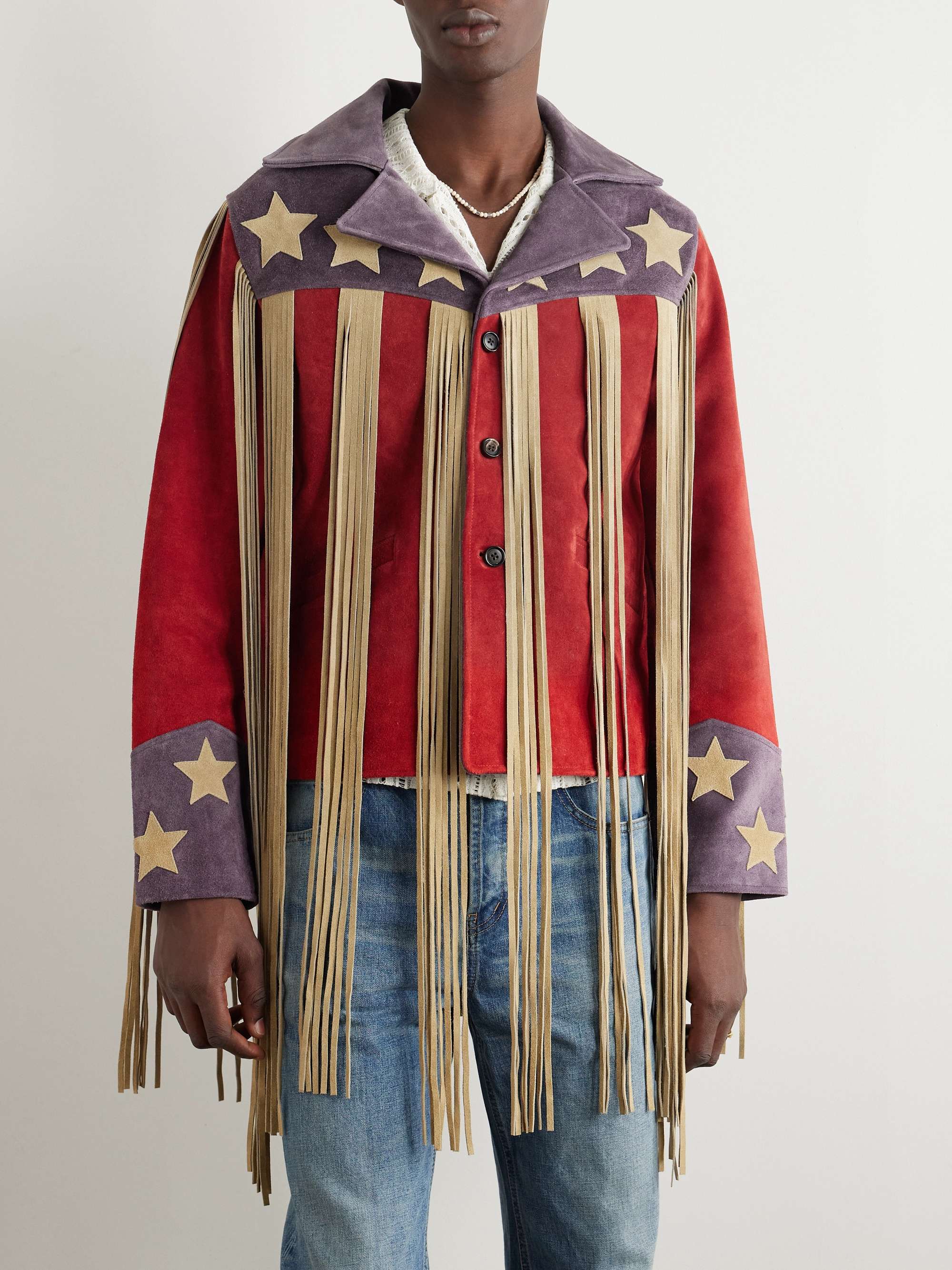 Appliquéd Colour-Block Fringed Suede Jacket view