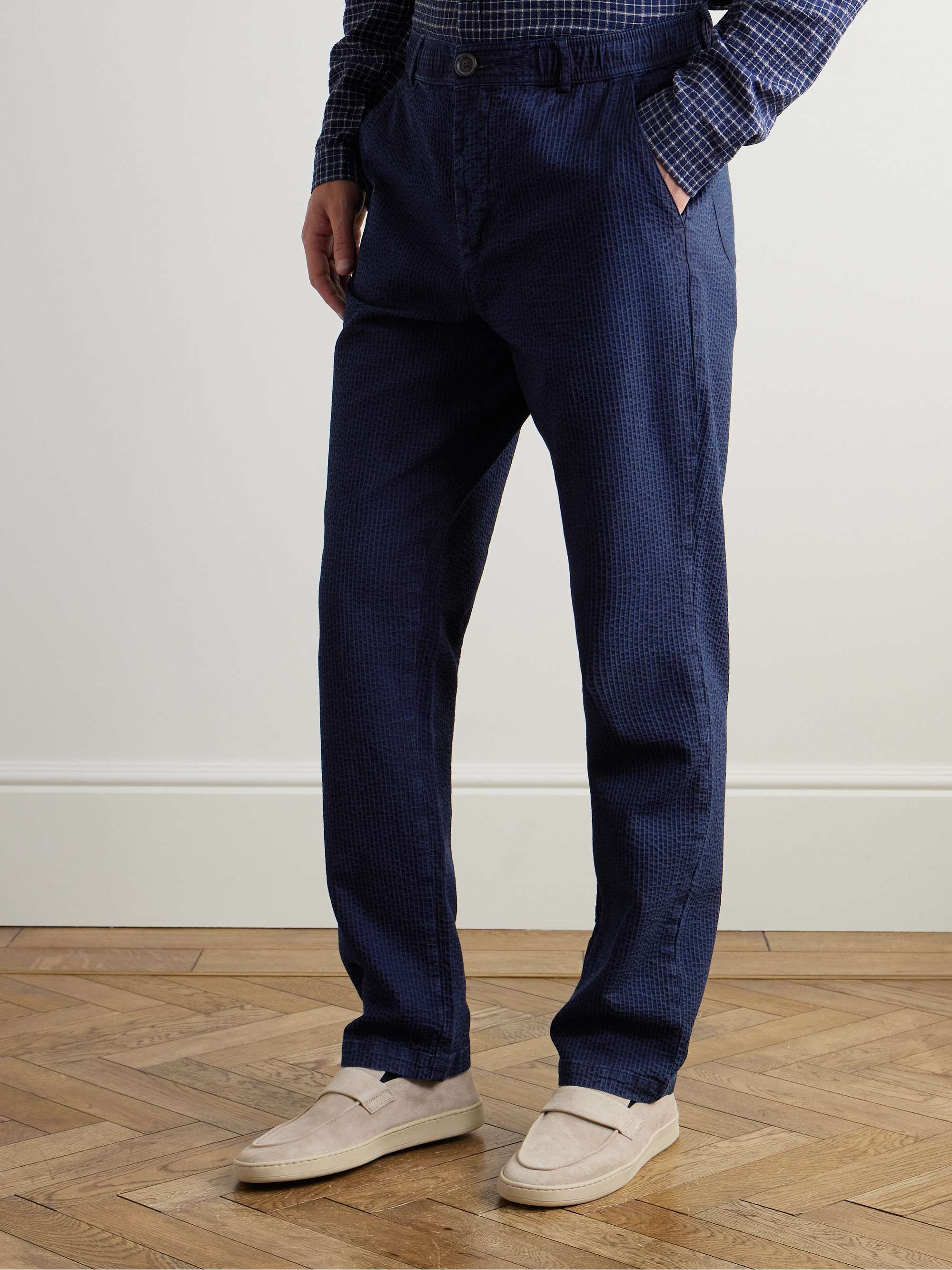 Straight-leg Indigo-Dyed Cotton-Seersucker Suit Trousers view
