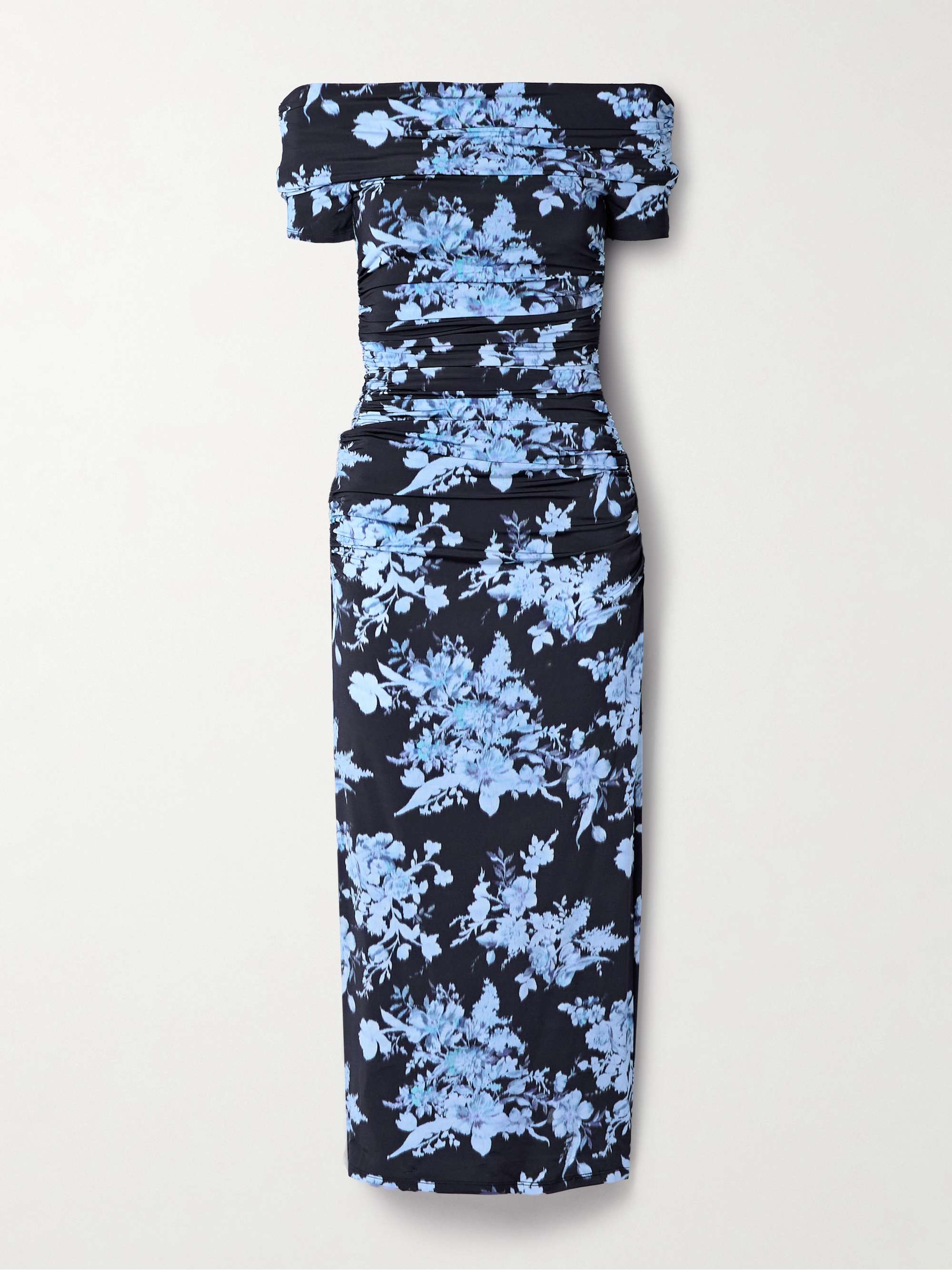 Off-the-shoulder ruched floral-print stretch-jersey midi dress hero visual