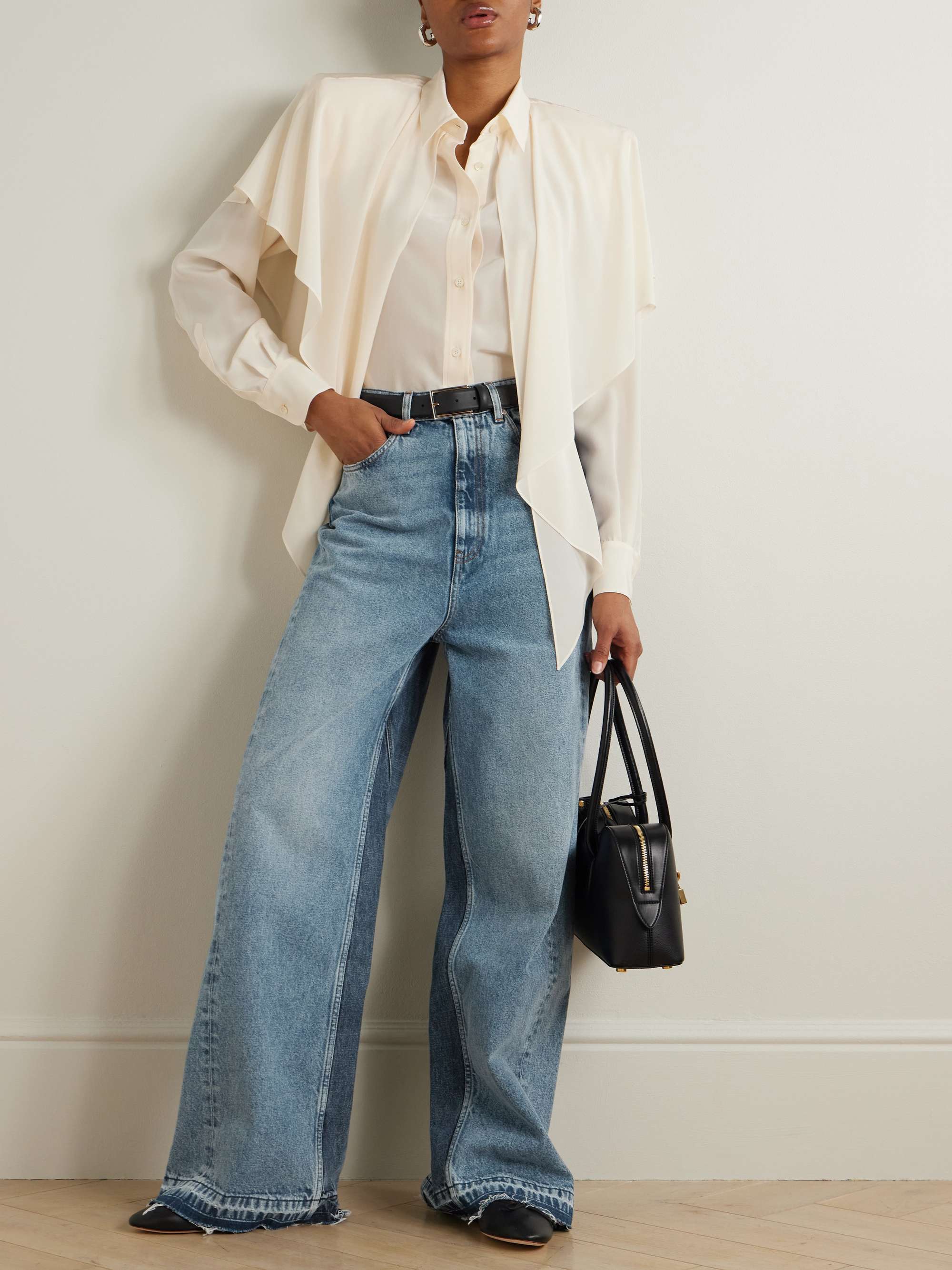 Frayed two-tone mid-rise wide-leg jeans view