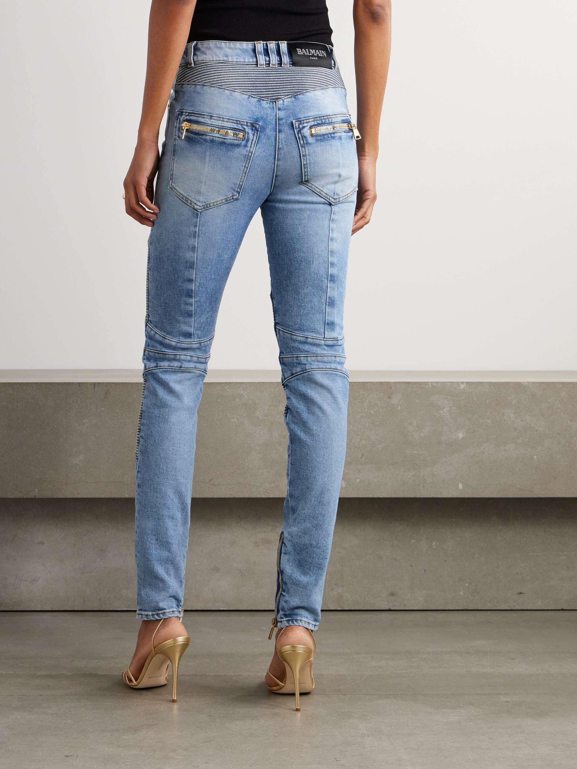Embellished paneled high-rise skinny jeans view