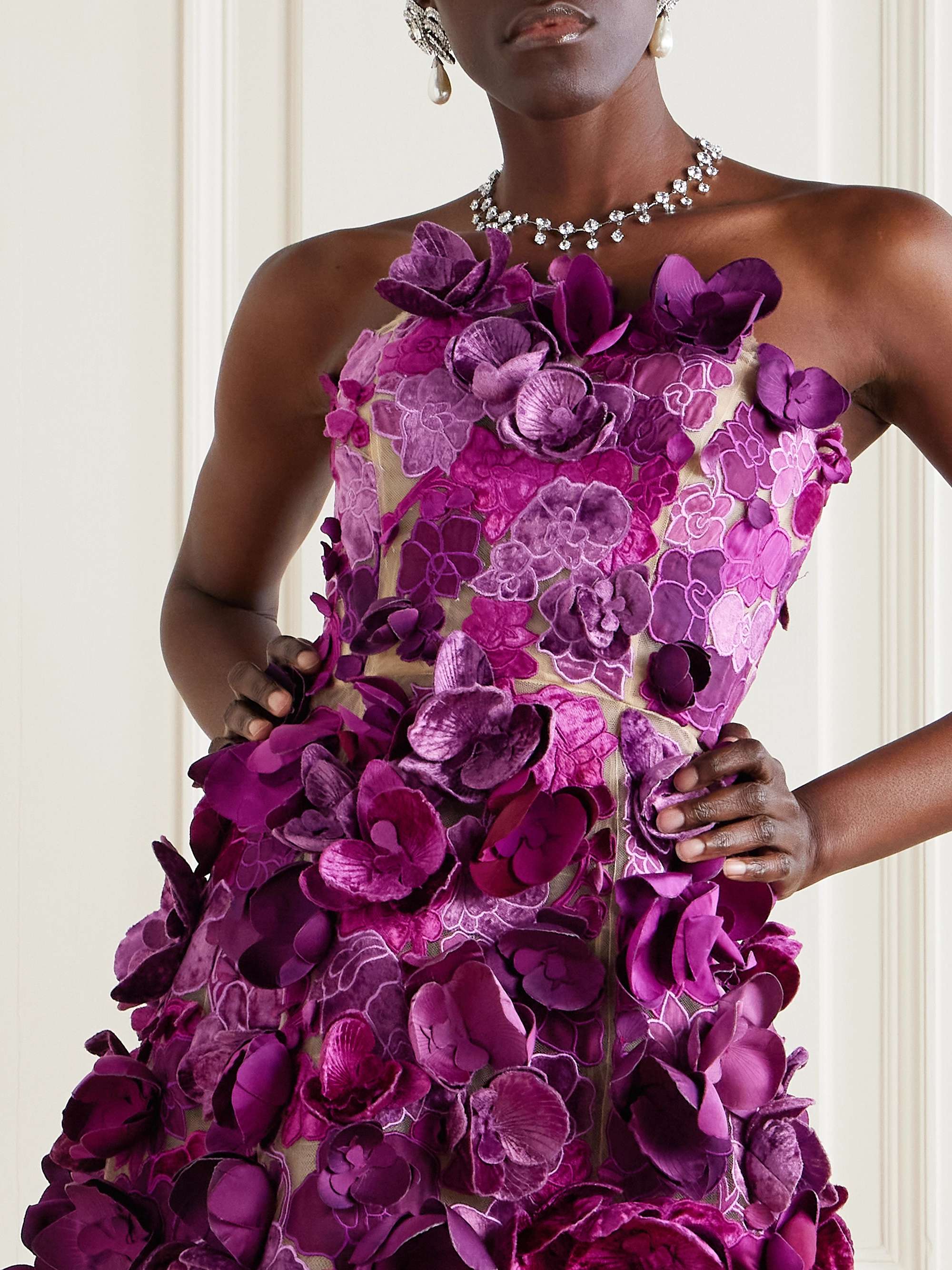 Strapless floral-appliquéd mesh mini dress view