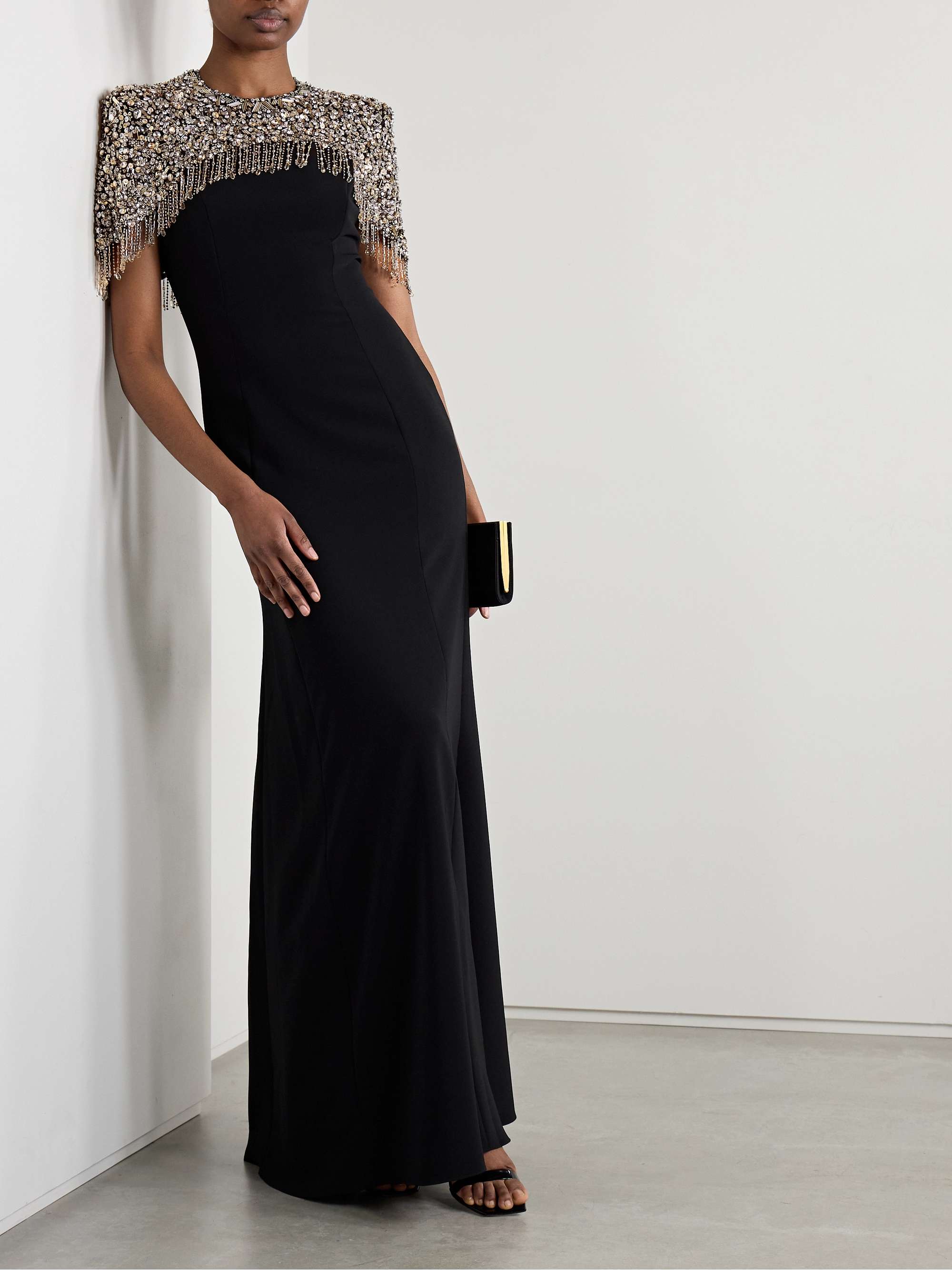 Rana cape-effect fringed embellished crepe gown view