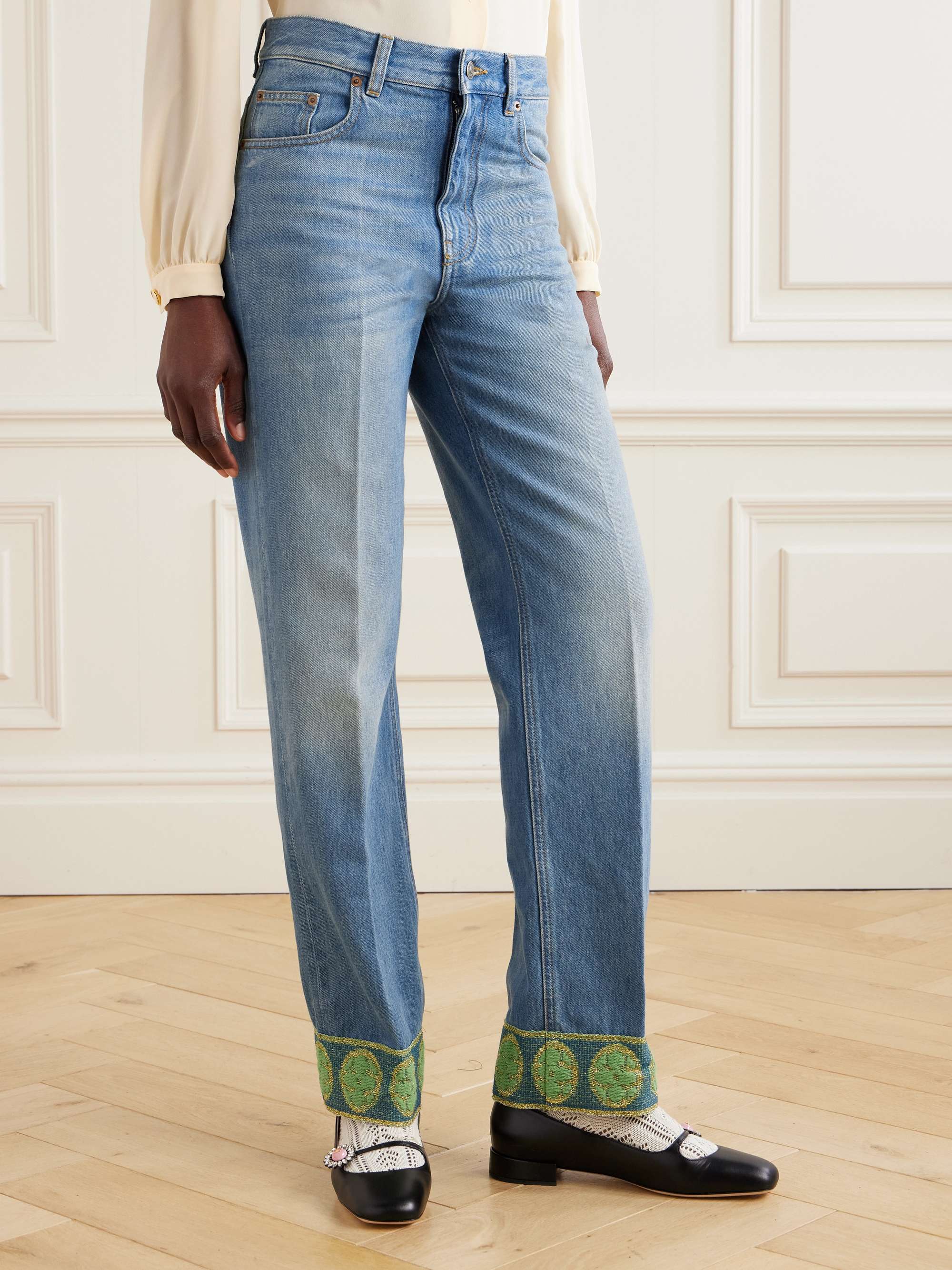 Metallic jacquard-trimmed straight-leg jeans view