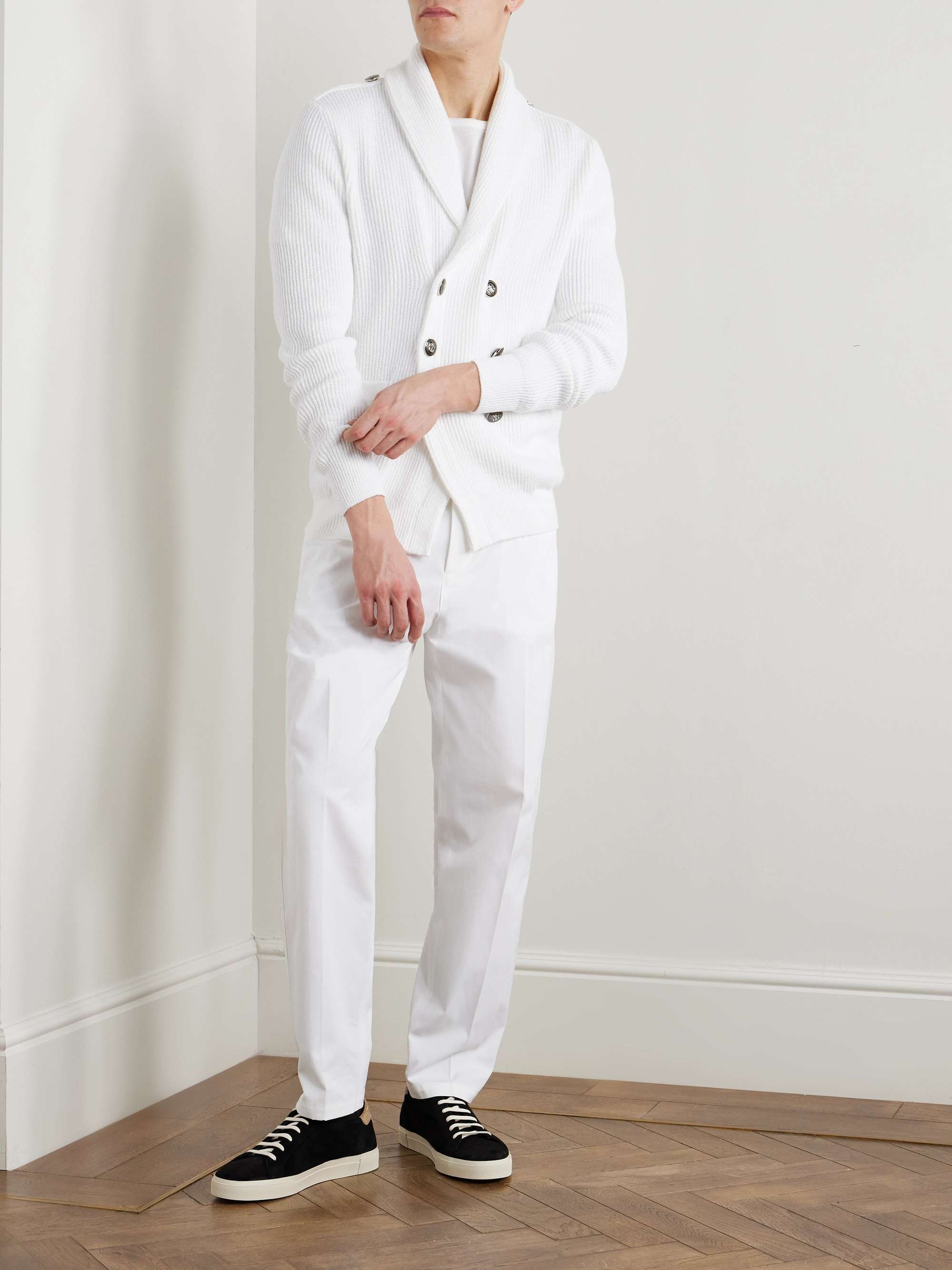 Shawl-Collar Double-Breasted Ribbed Cotton Cardigan view