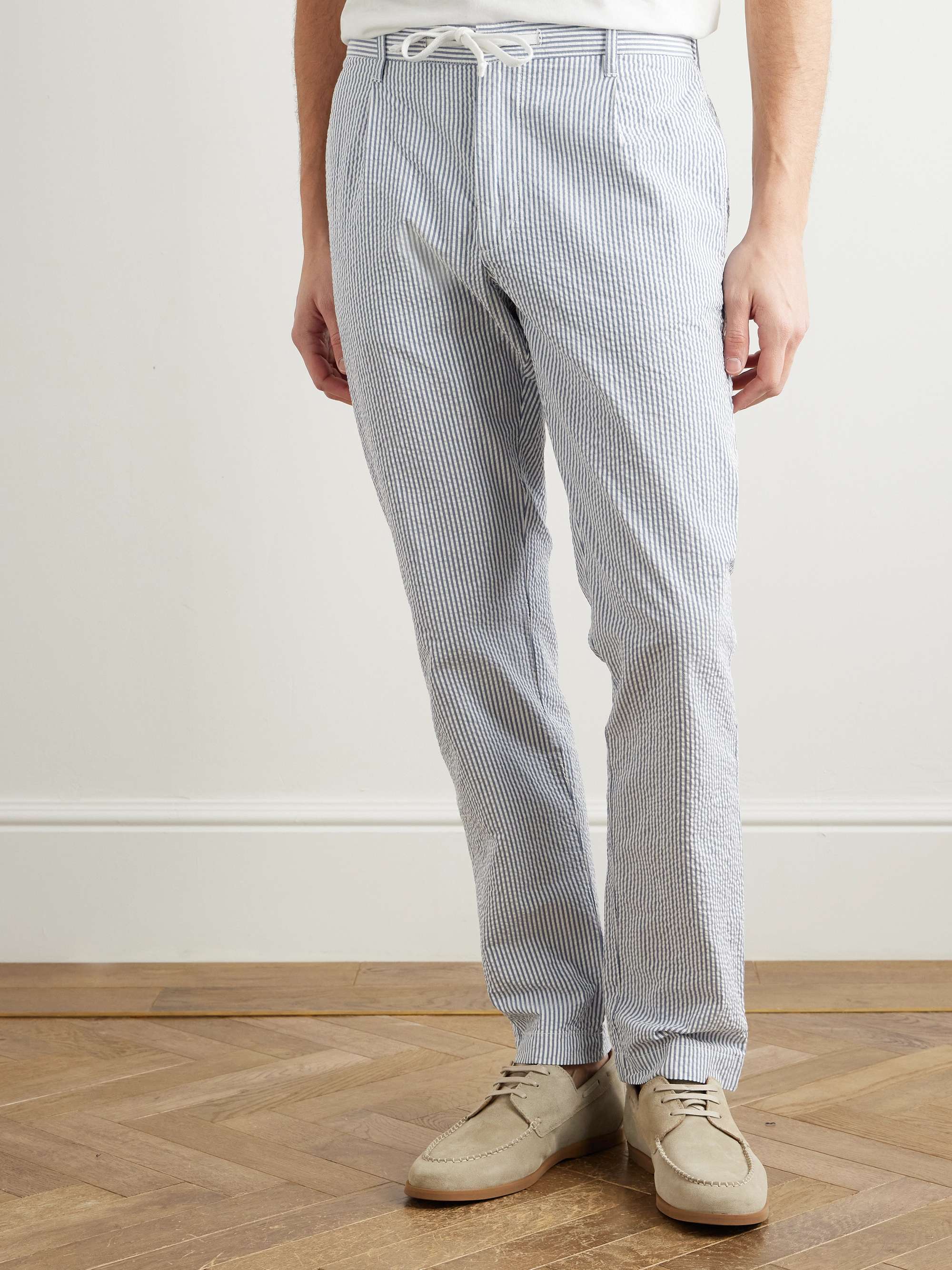 Tanker Straight-Leg Pleated Striped Cotton-Seersucker Drawstring Trousers view