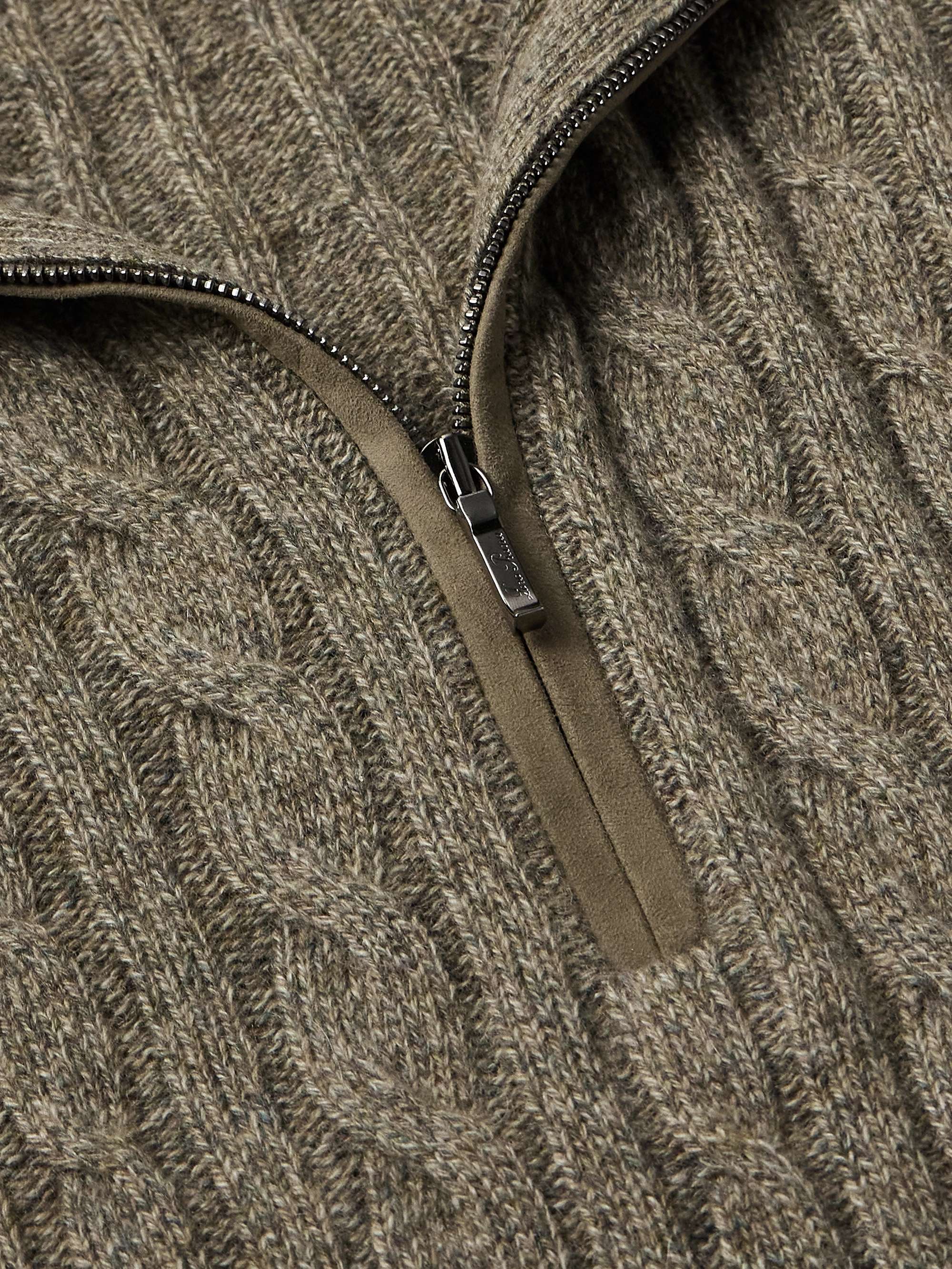 Slim-Fit Suede-Trimmed Cable-Knit Baby Cashmere Half-Zip Sweater view
