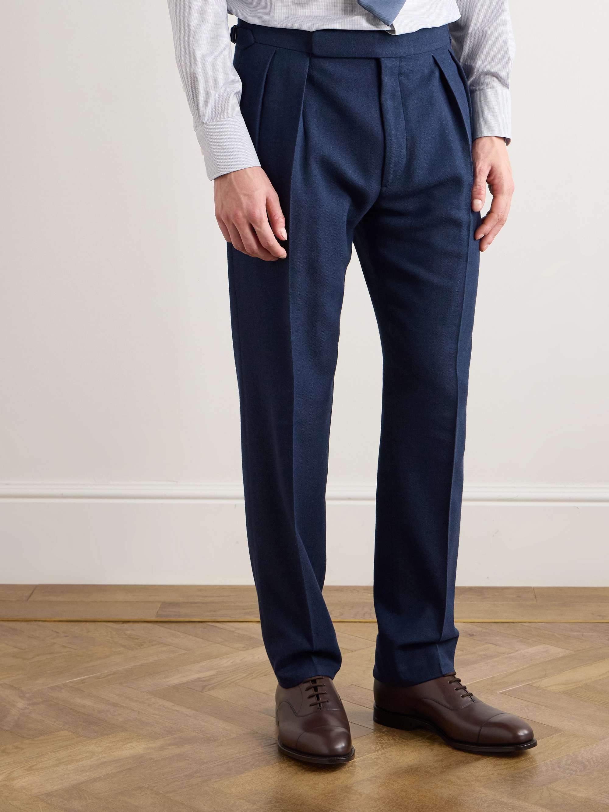 Tapered Pleated Wool, Silk and Cashmere-Blend Herringbone Suit Trousers view