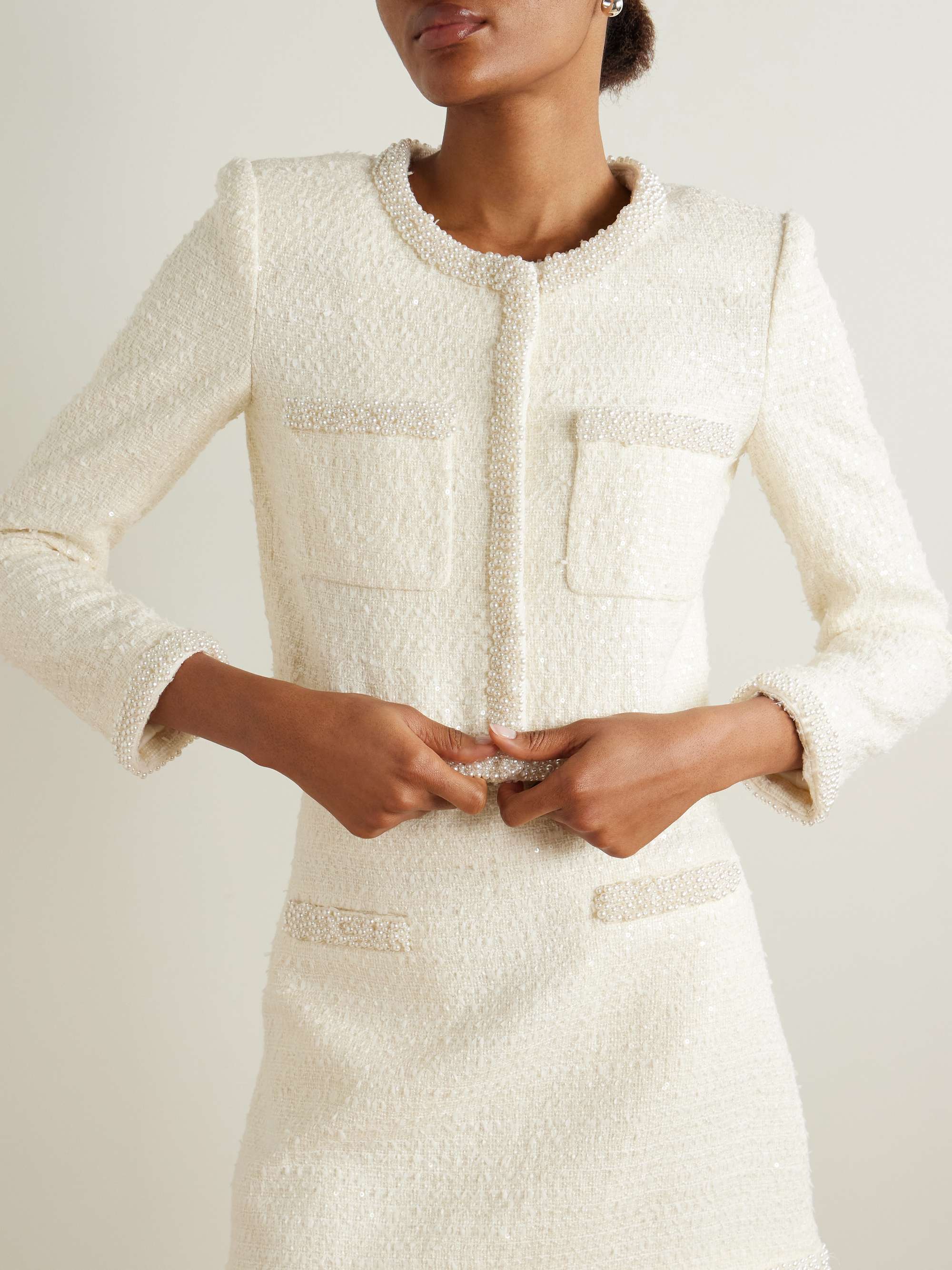 Cropped faux pearl-embellished sequined tweed jacket view