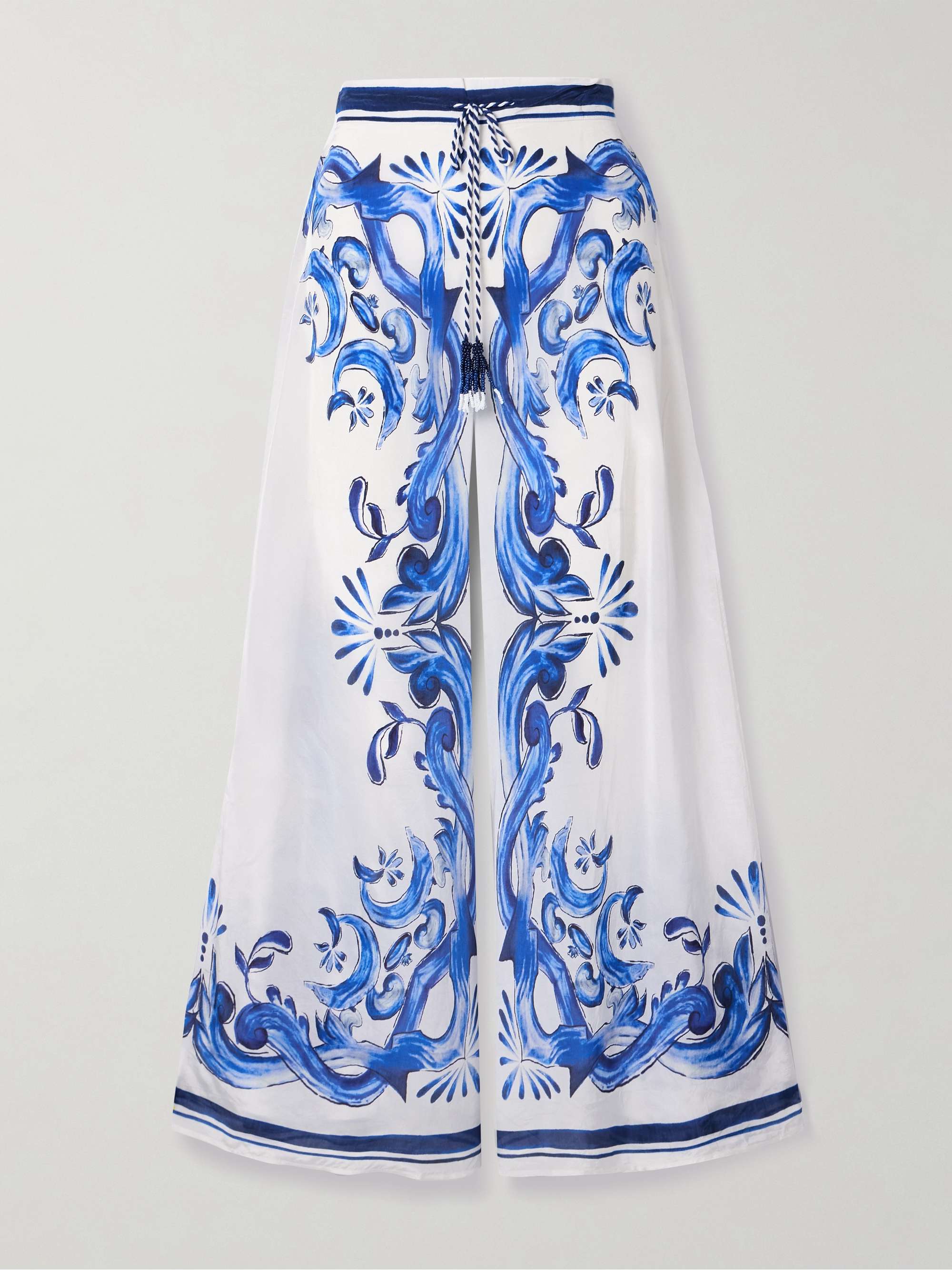 Garden Tiles bead-embellished printed satin wide-leg pants hero visual