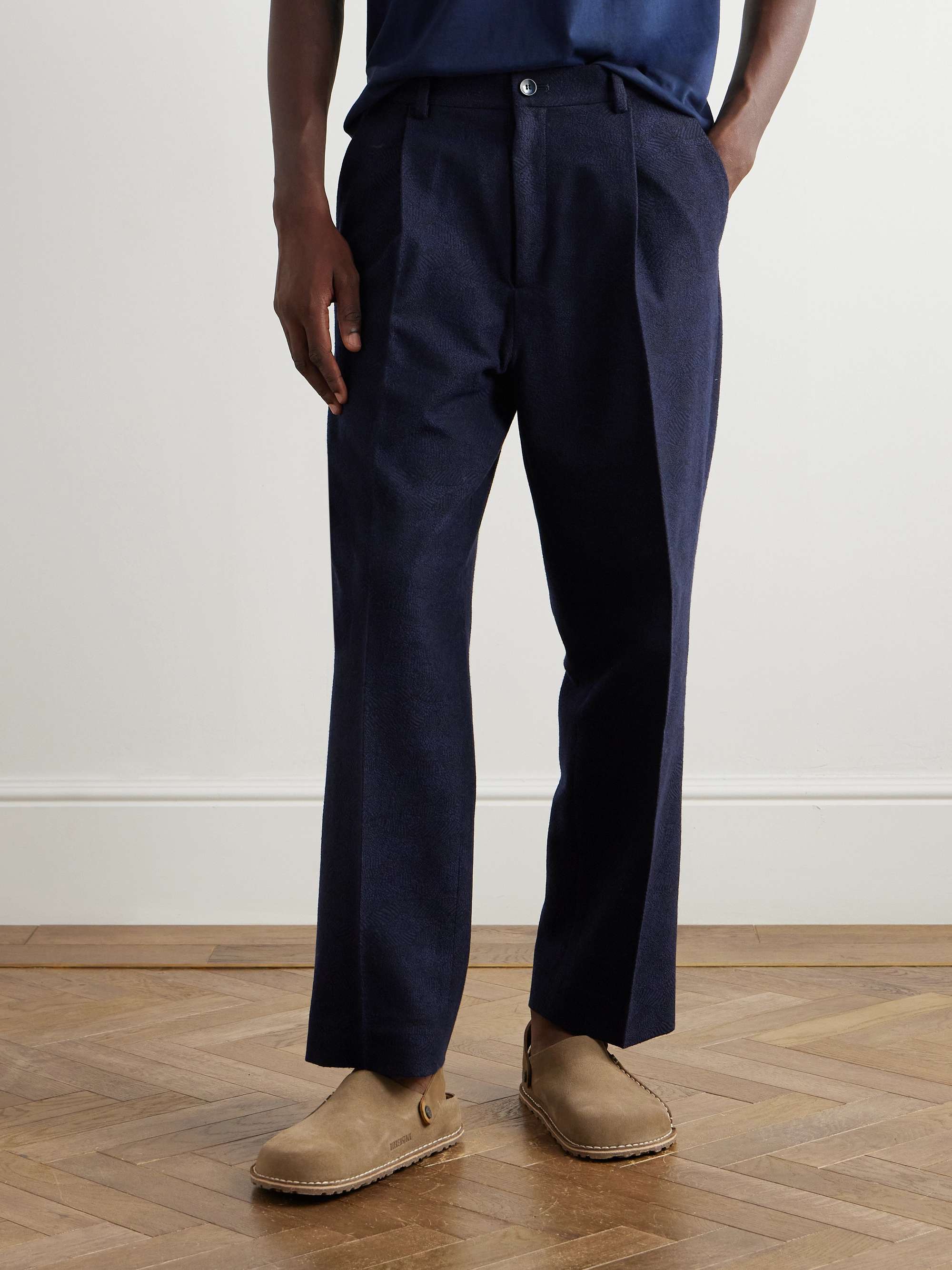 Straight-Leg Pleated Jacquard Cotton and Wool-Blend Suit Trousers view