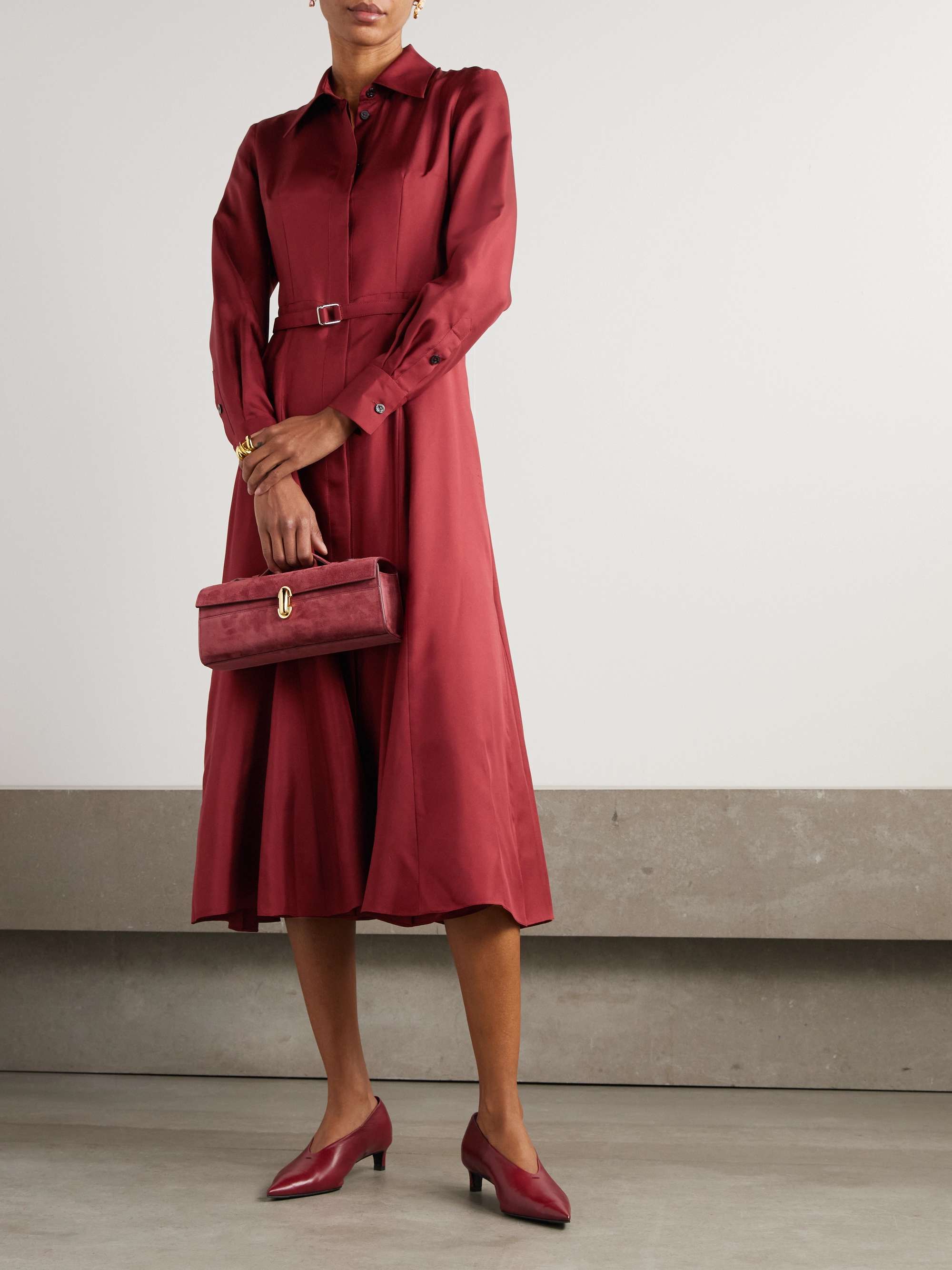Belted silk-twill midi shirt dress view