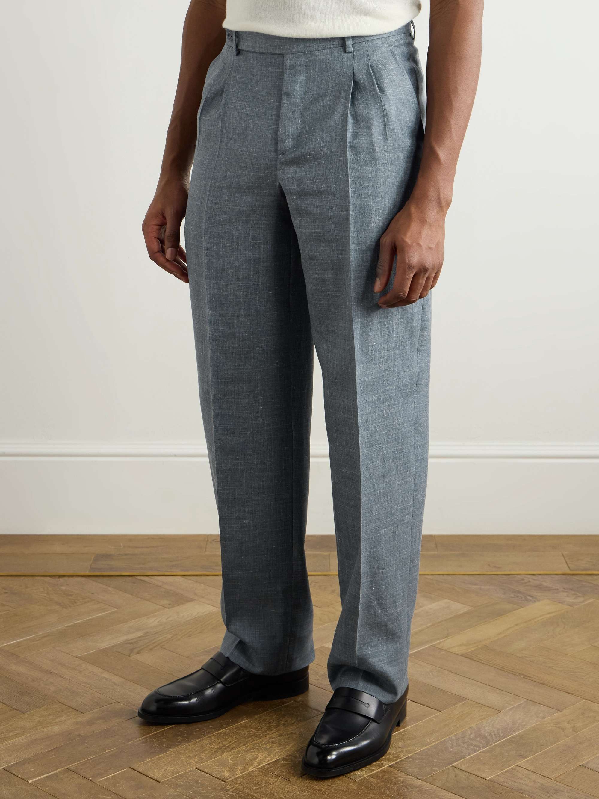 Straight-Leg Pleated Silk, Cashmere and Linen-Blend Suit Trousers view