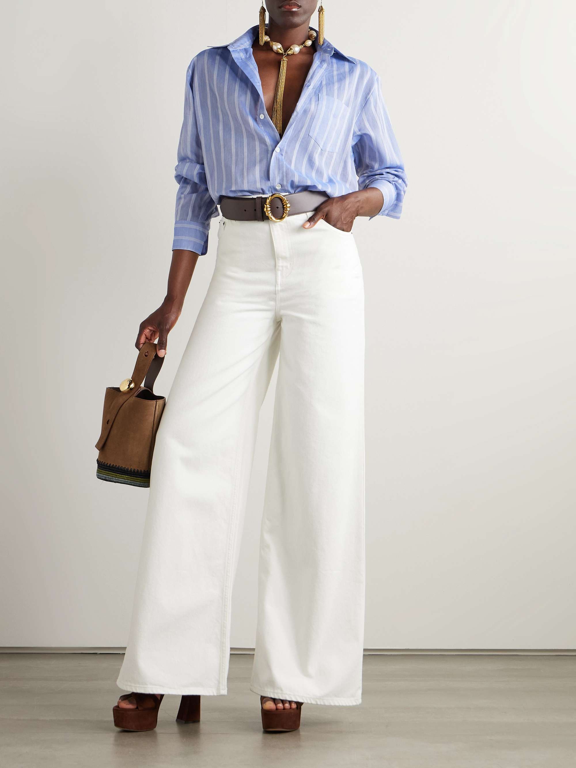 Printed silk and striped cotton-voile shirt view