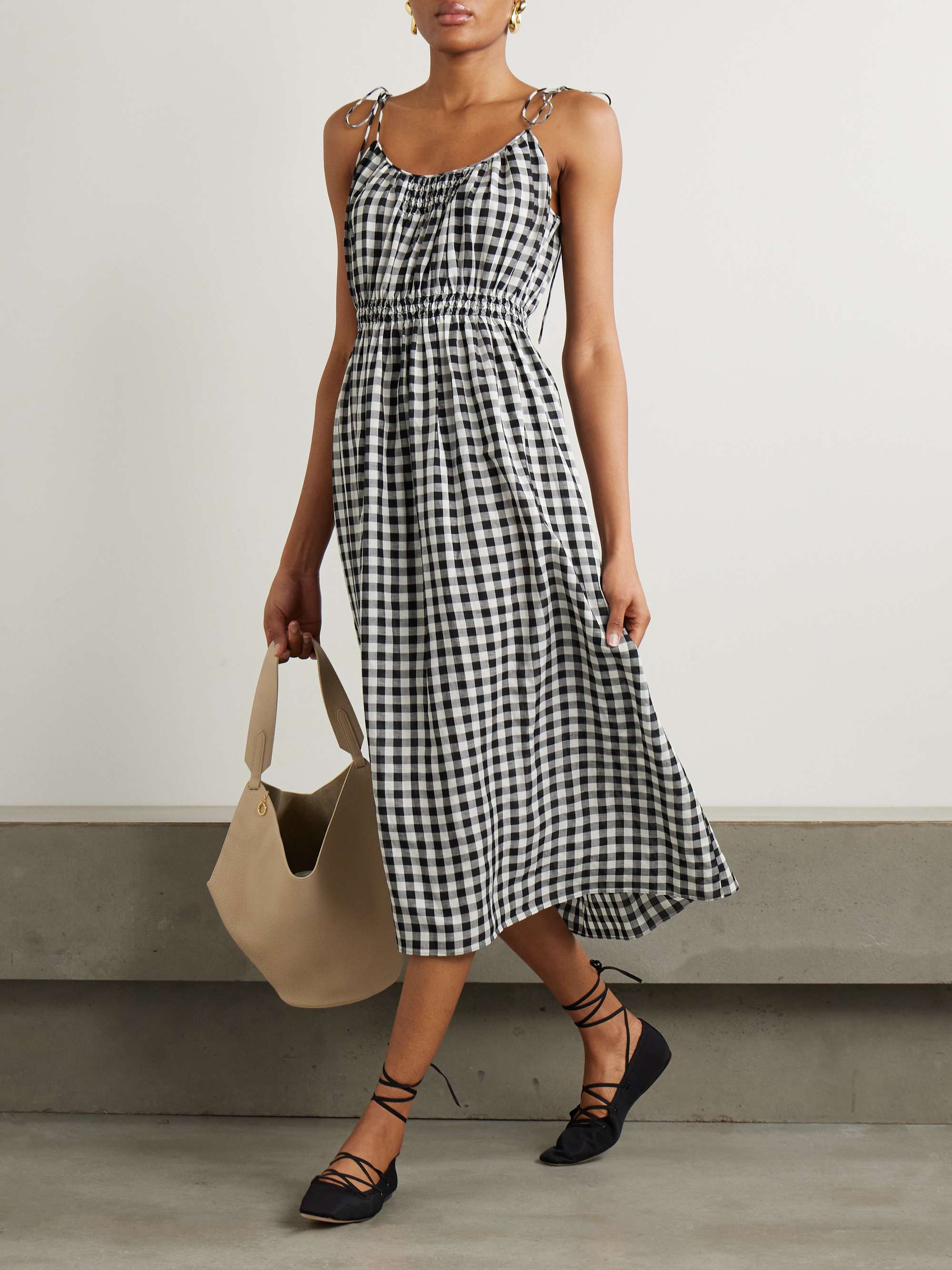 Leslie tie-detailed smocked gingham voile midi dress view