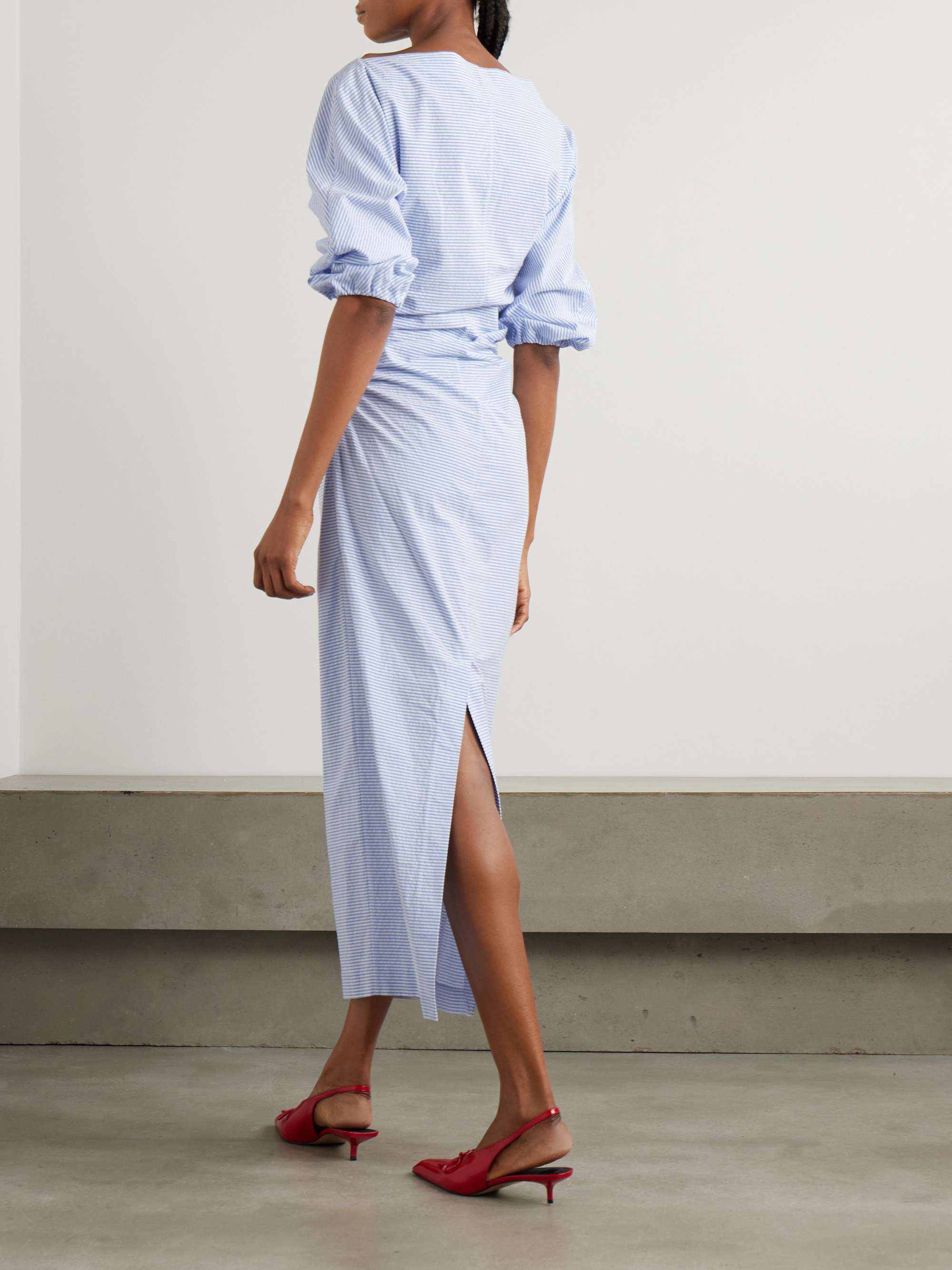 Ezra ruched striped cotton-seersucker midi dress view