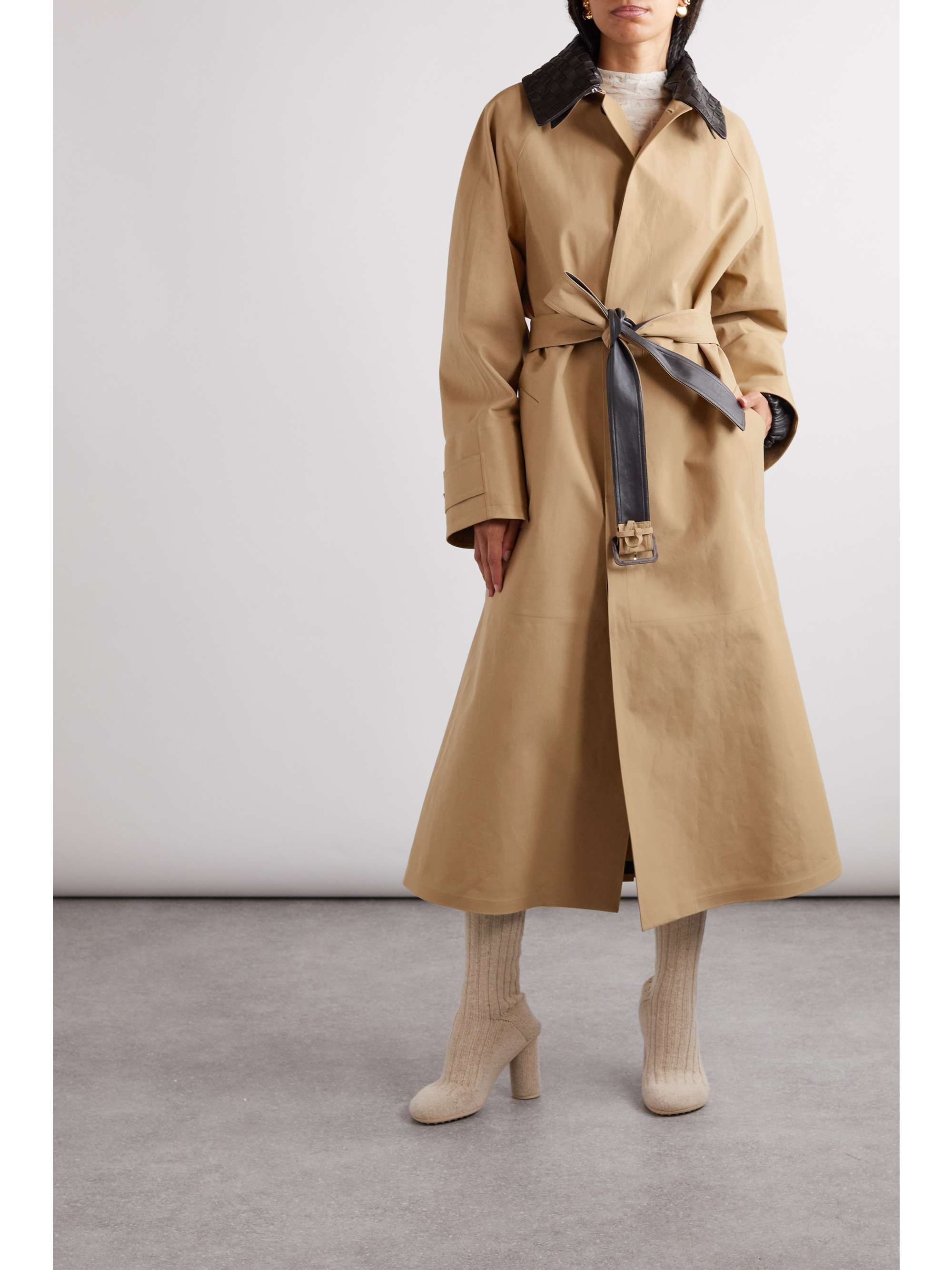 Belted leather-trimmed cotton-garbardine trench coat view