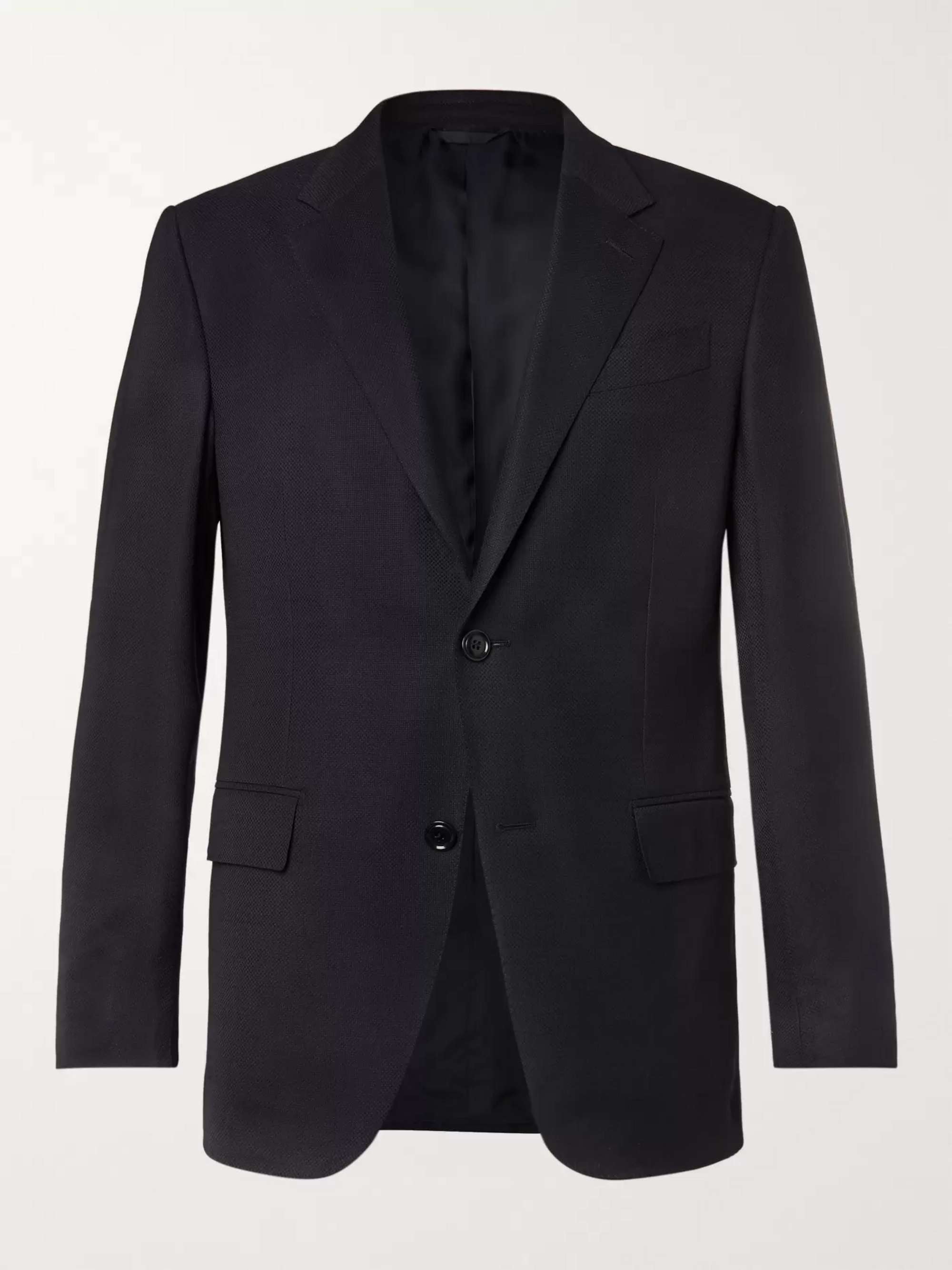 Navy 10-Pocket Stretch Wool and Silk-Blend Blazer hero visual