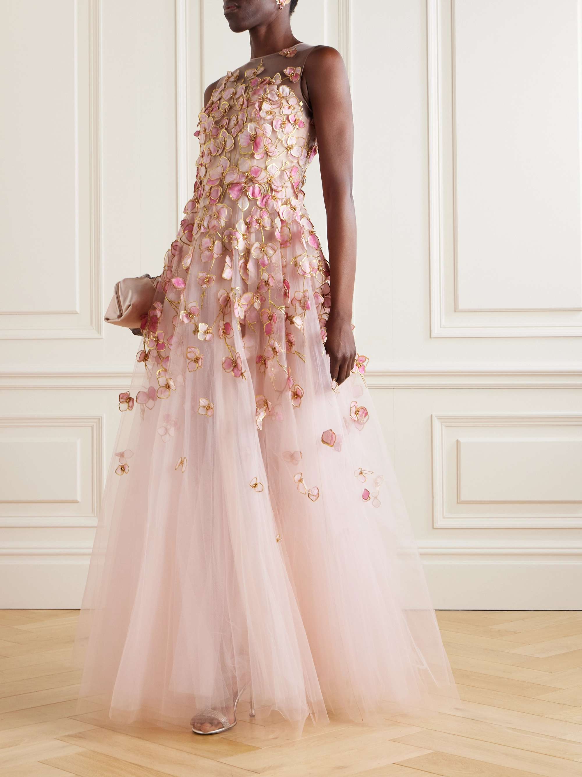 Sleeveless floral-appliquéd organza gown view