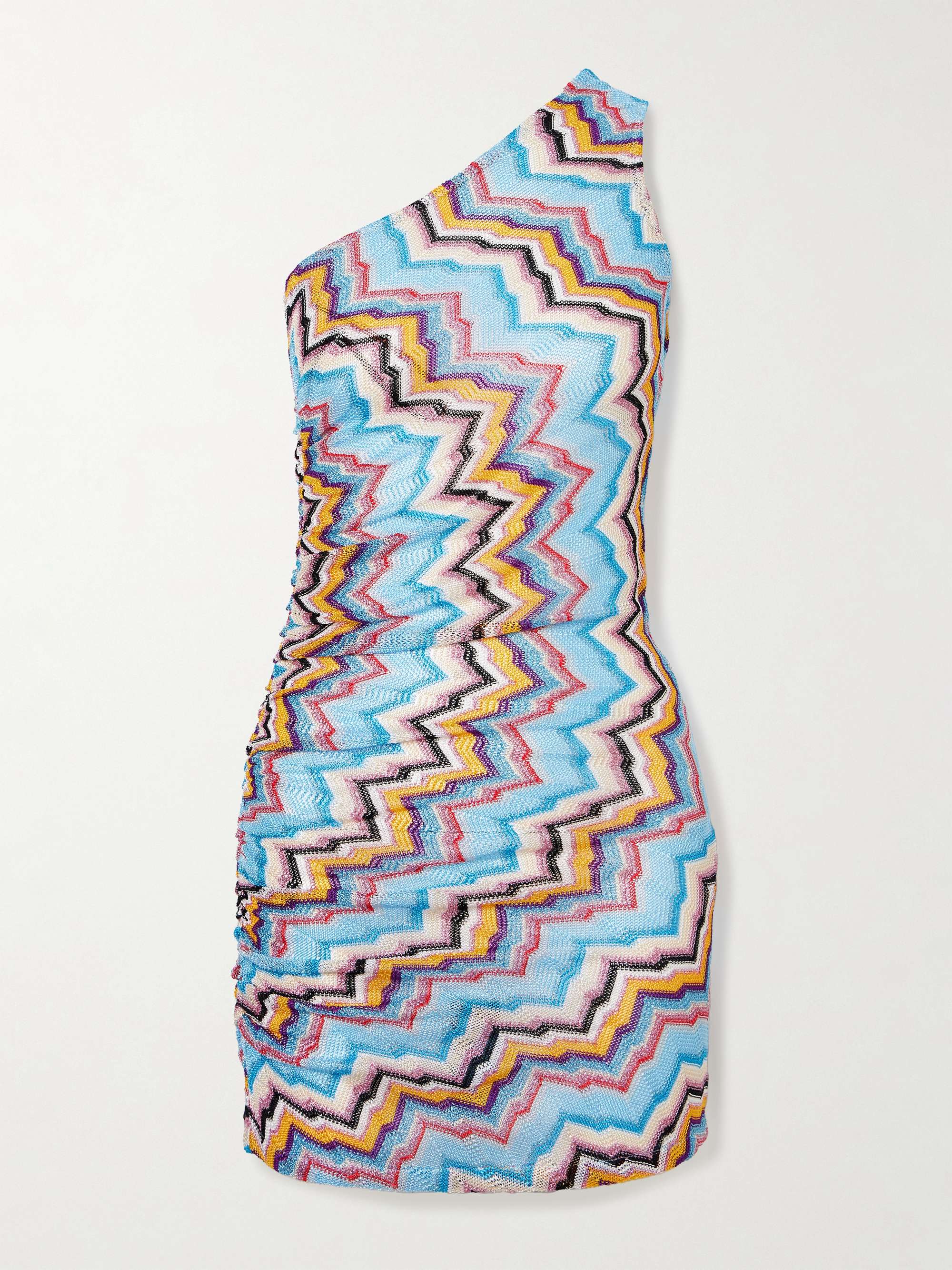 One-shoulder gathered metallic striped crochet-knit mini dress hero visual