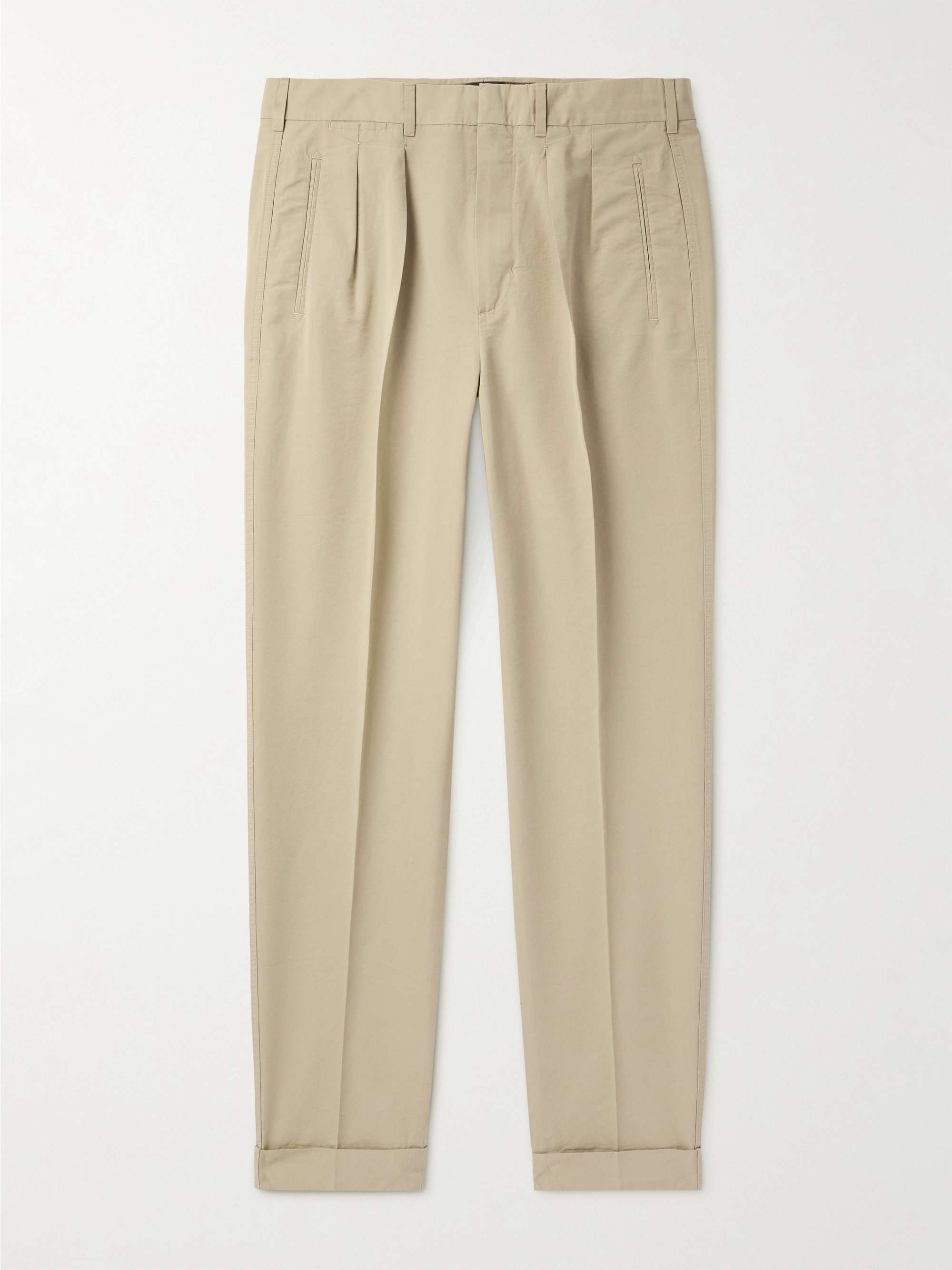 Straight-Leg Pleated Cotton and Silk-Blend Poplin Trousers hero visual
