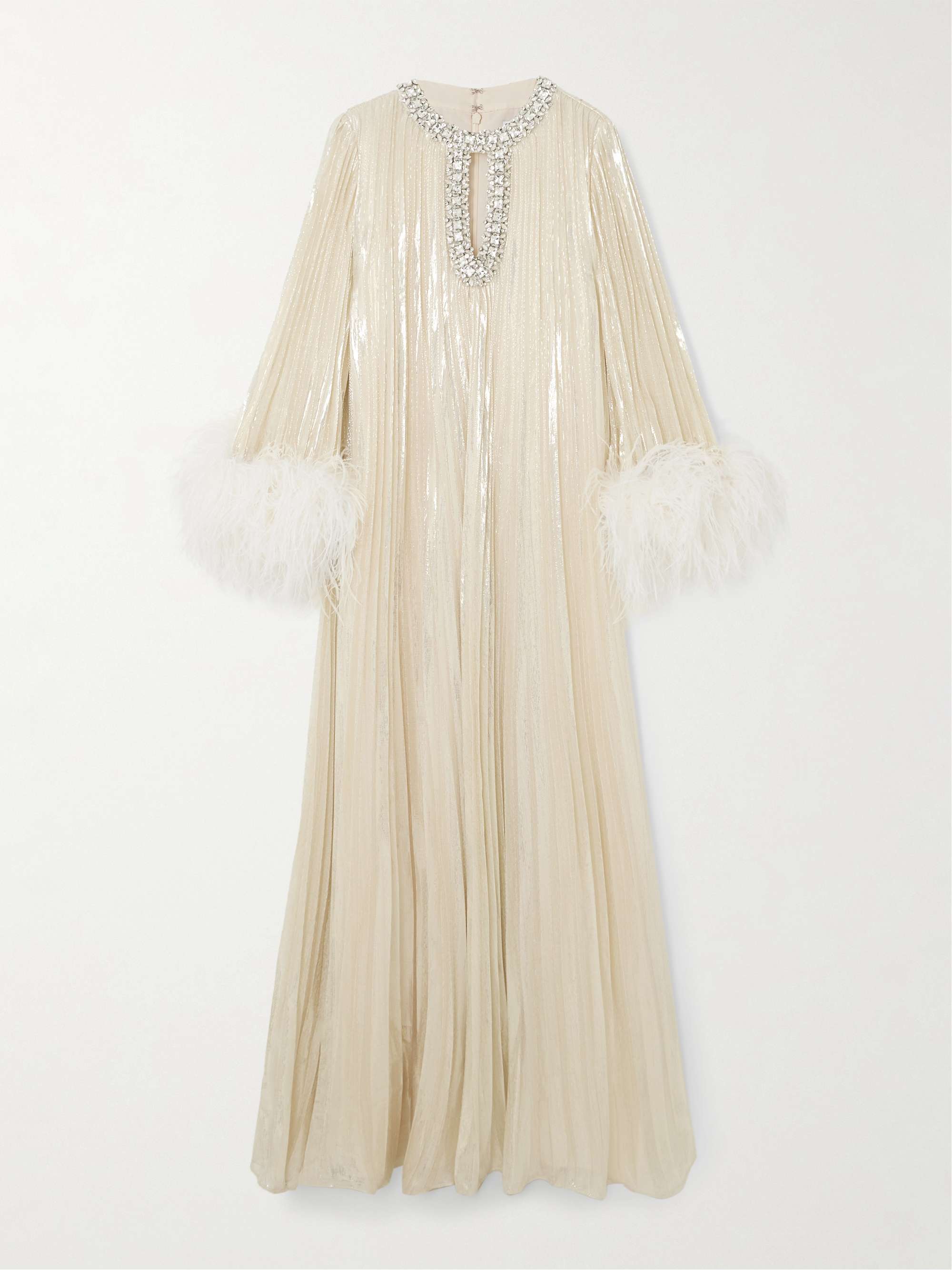 Feather-trimmed crystal-embellished silk-blend lamé maxi dress hero visual