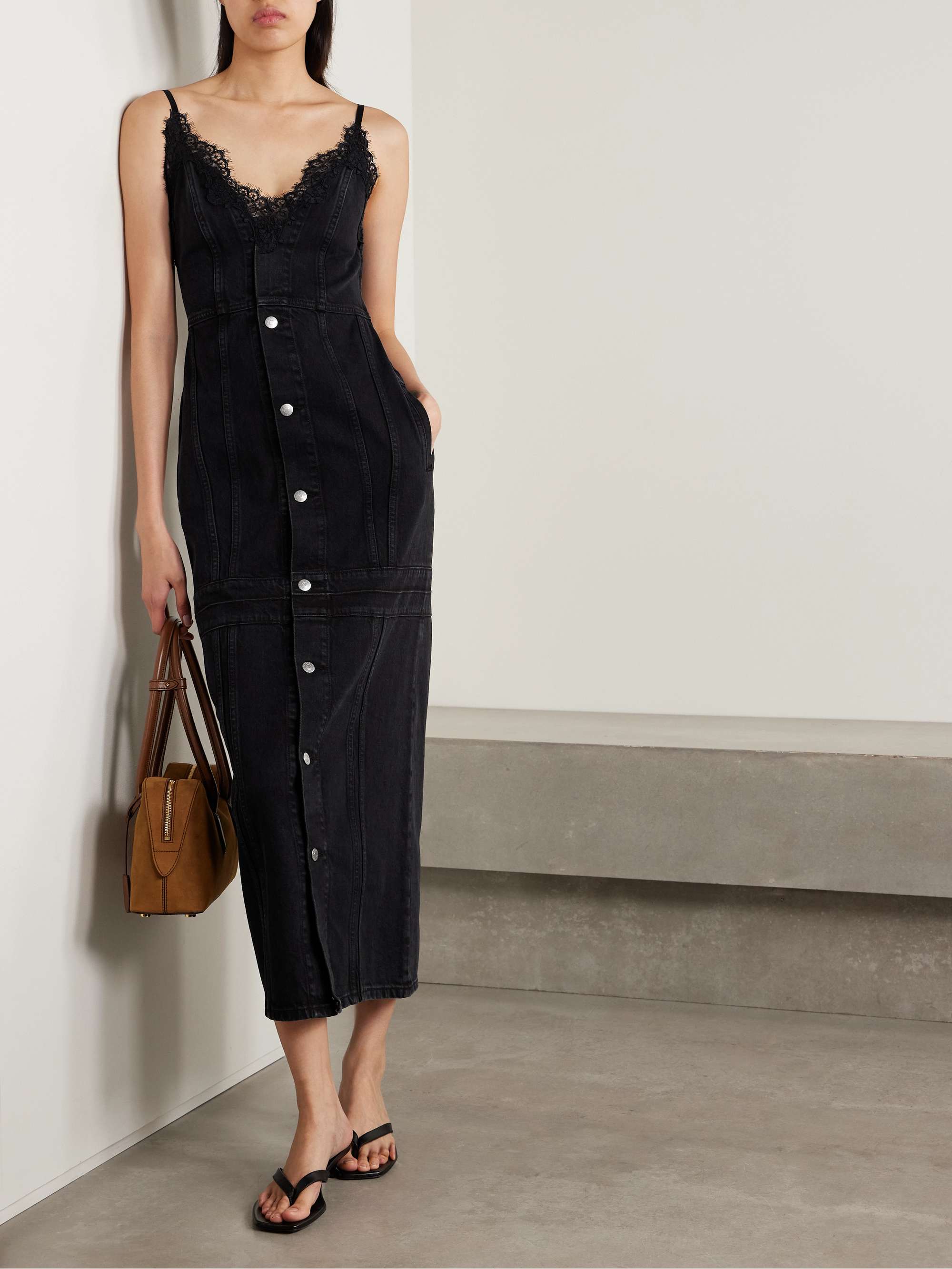 Lace-trimmed paneled organic denim midi dress view