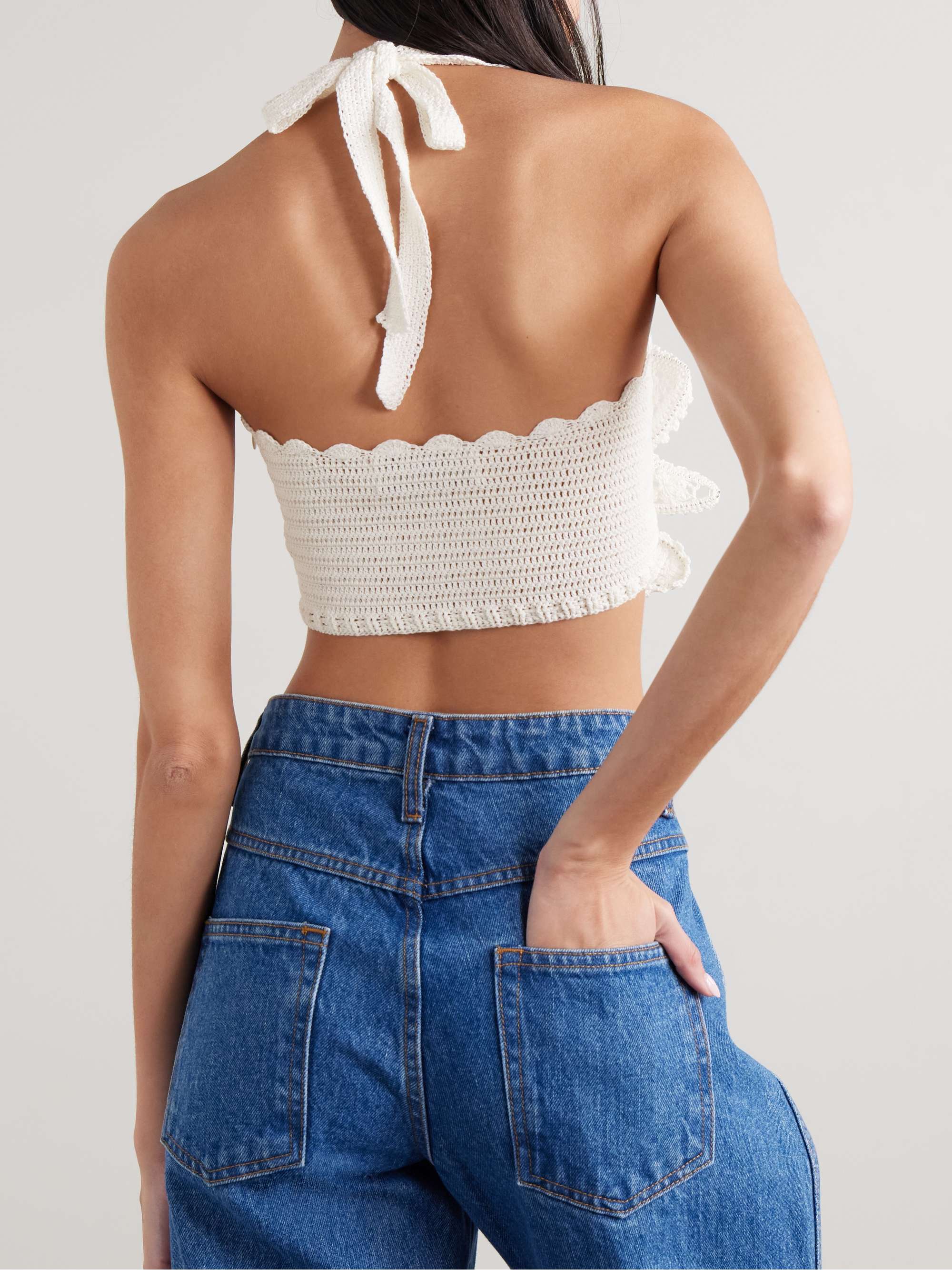 Mia cropped appliquéd crocheted organic cotton halterneck top view