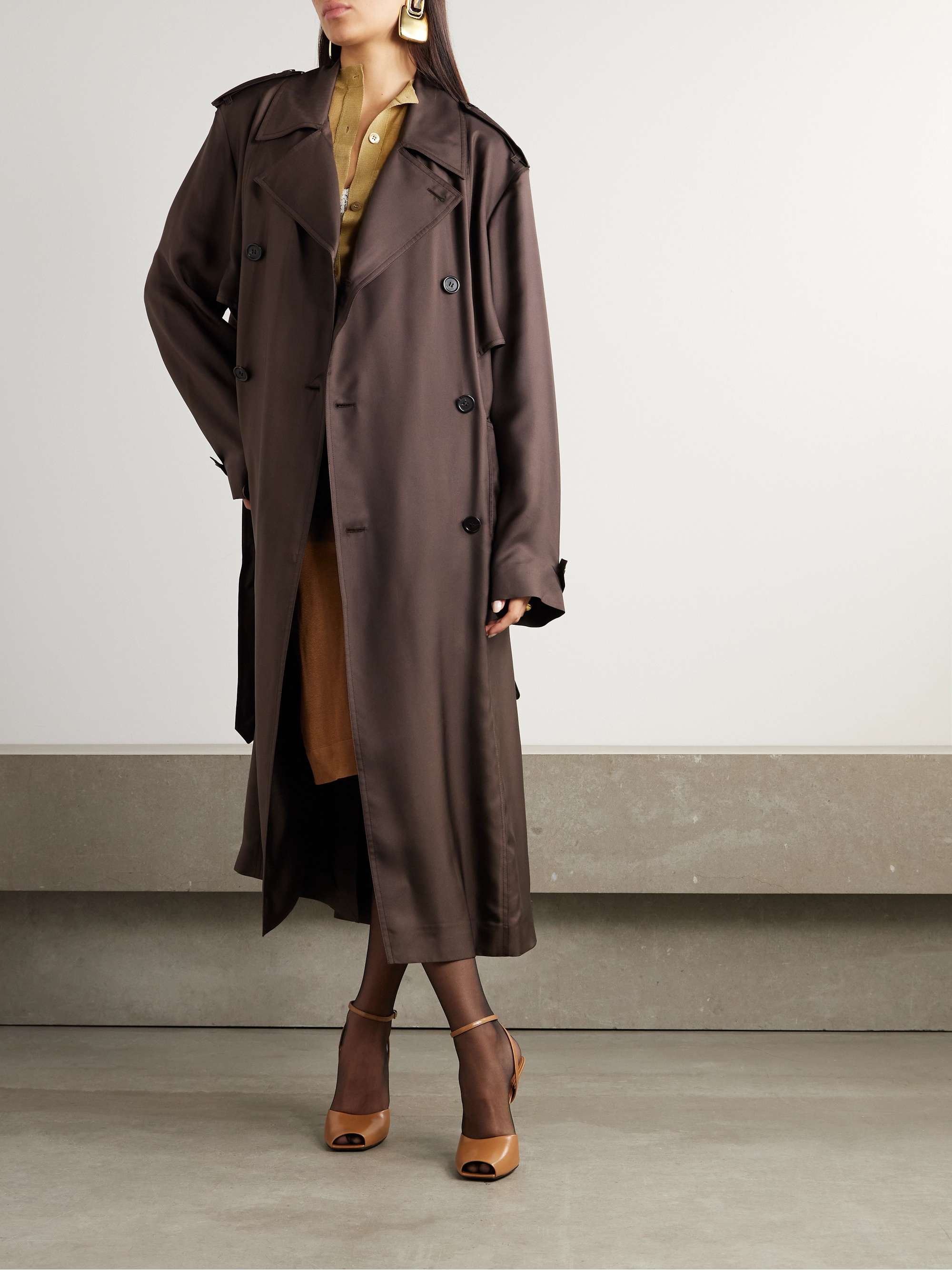 Double-breasted belted silk-twill trench coat view