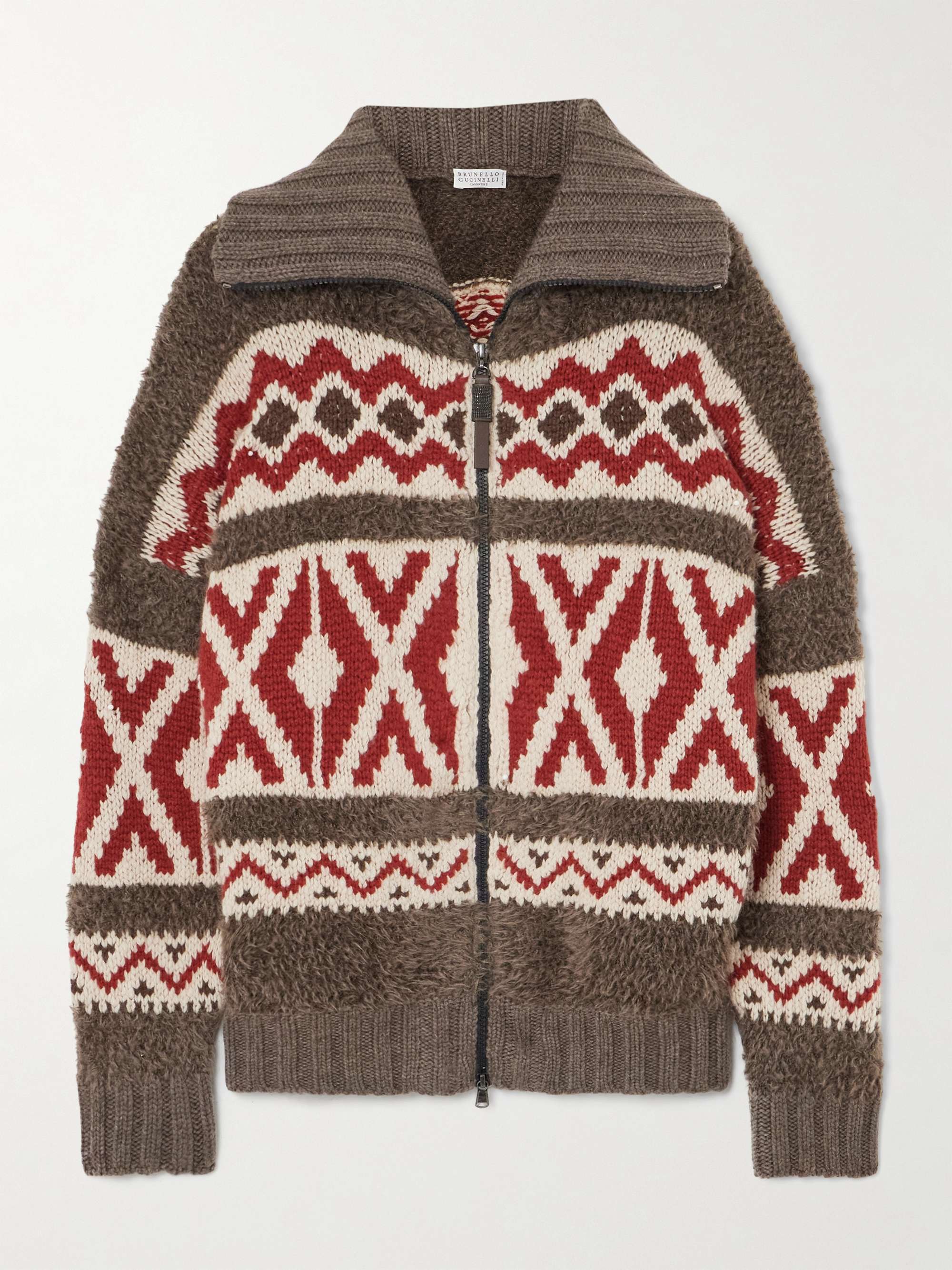 Oversized intarsia cashmere zip-up cardigan hero visual