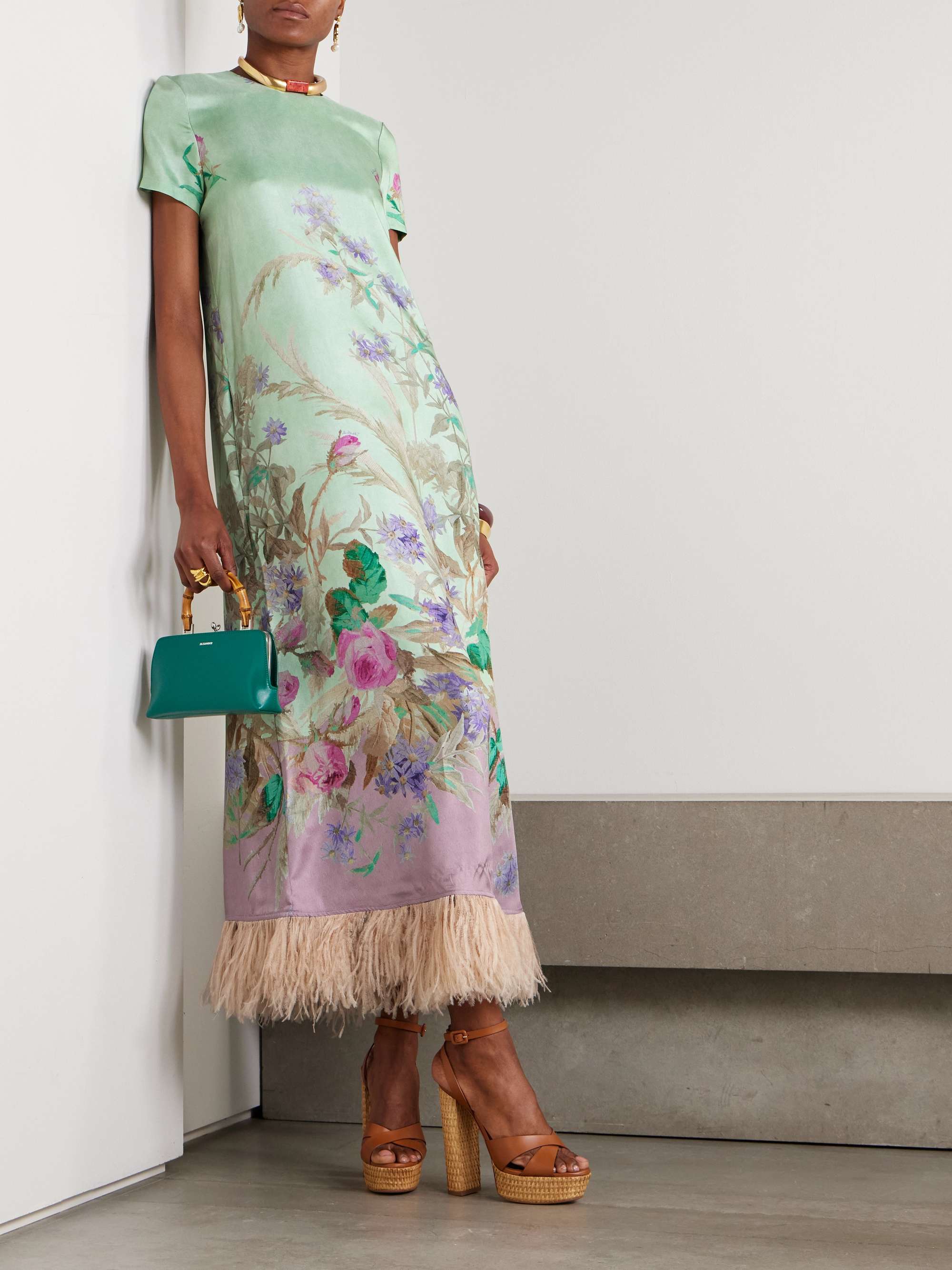 Feather-trimmed floral-print silk-twill maxi dress view