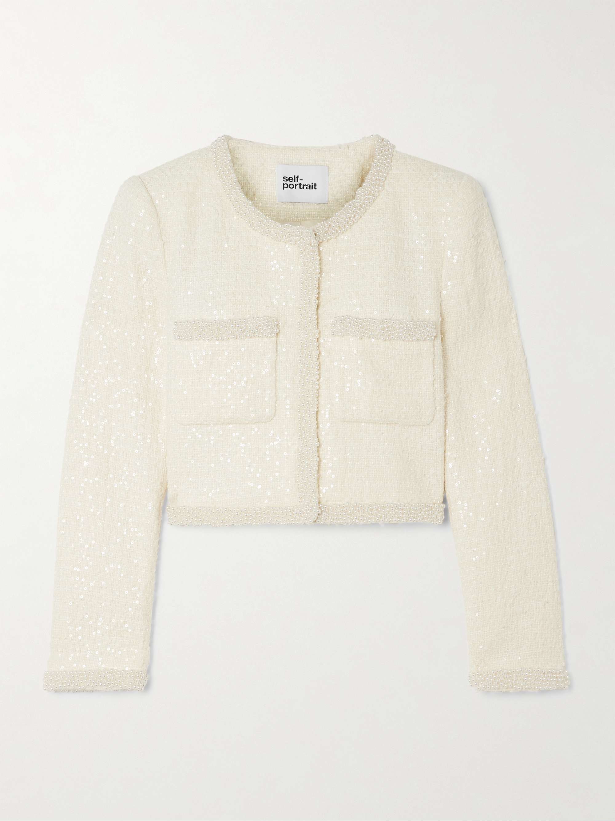 Cropped faux pearl-embellished sequined tweed jacket hero visual
