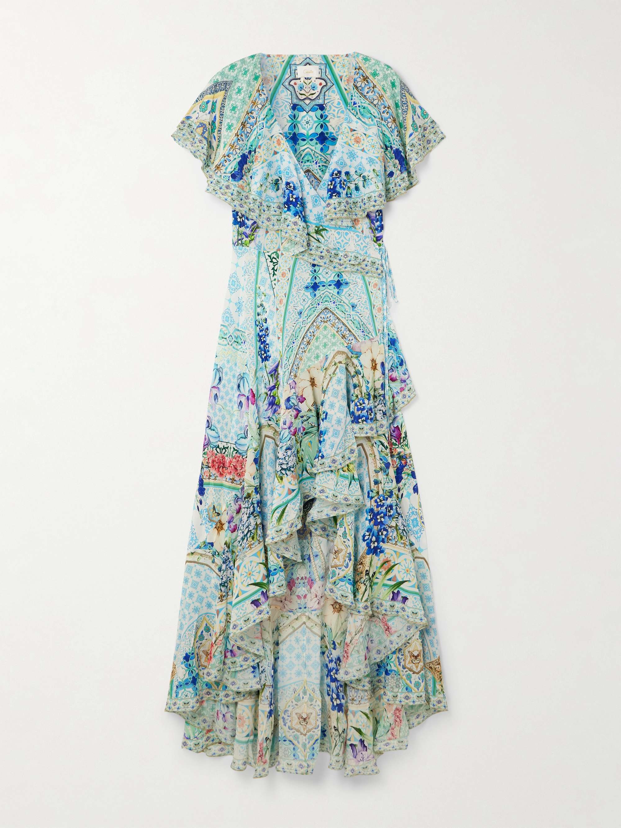 Asymmetric crystal-embellished ruffled silk maxi wrap dress hero visual