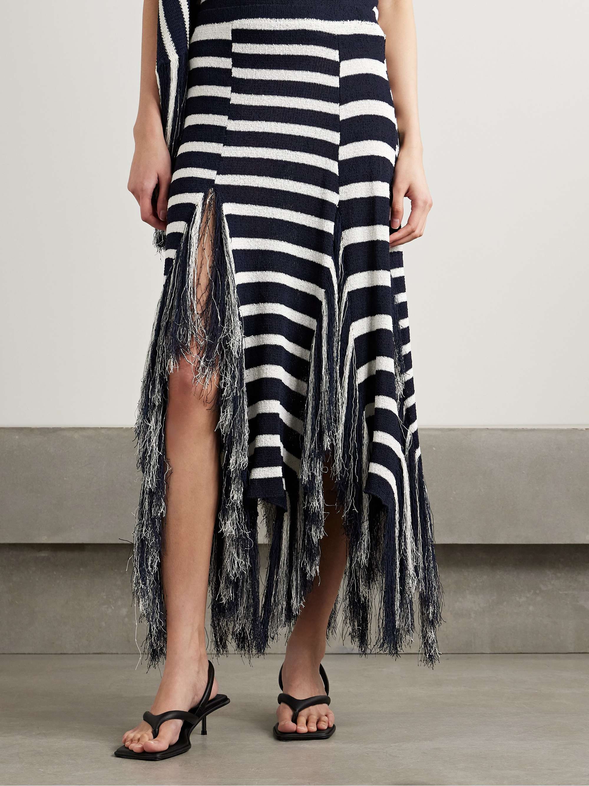 Yves asymmetric fringed striped knitted maxi skirt view