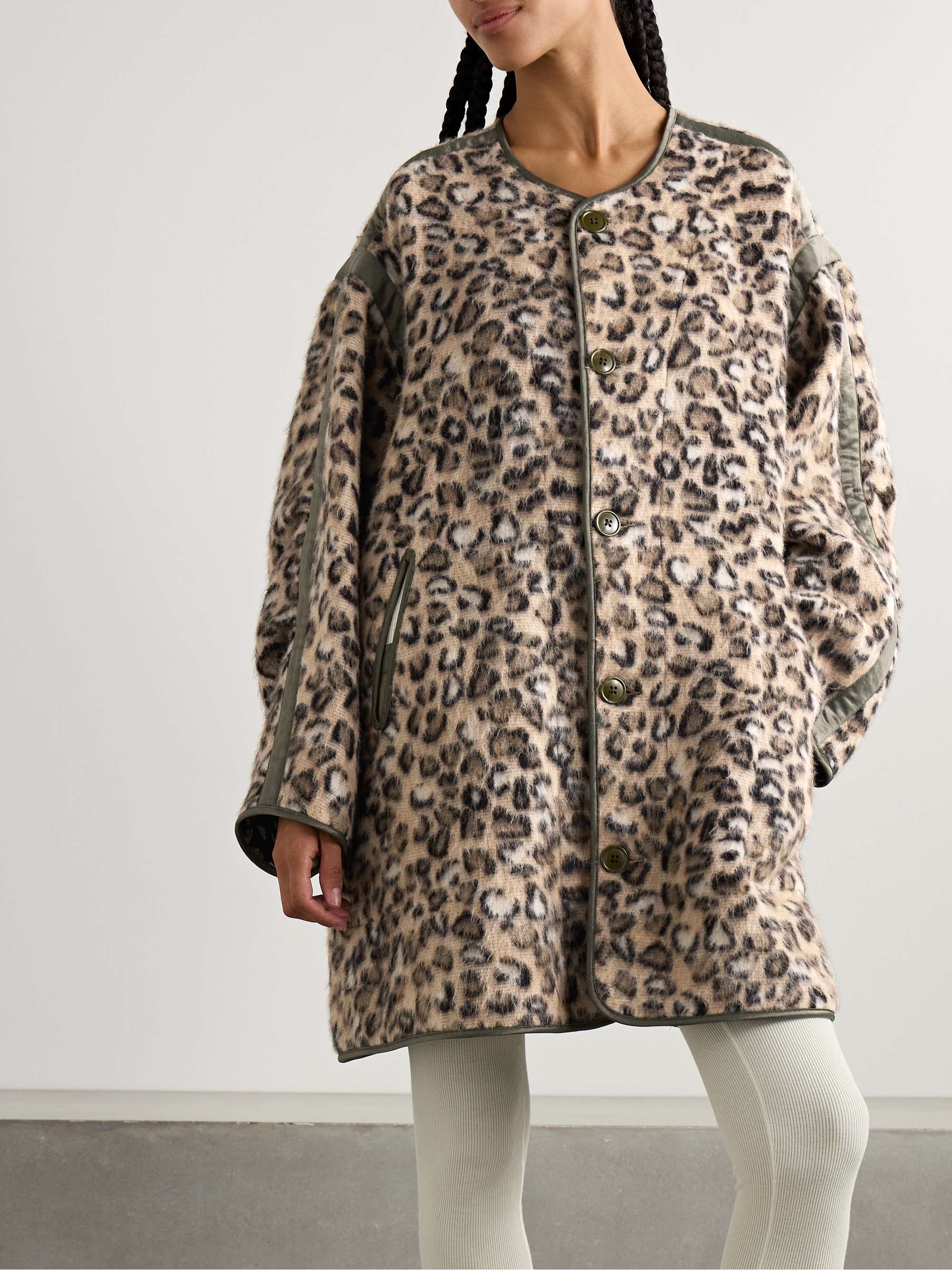 Convertible faux leather-trimmed leopard-print brushed wool-blend coat view