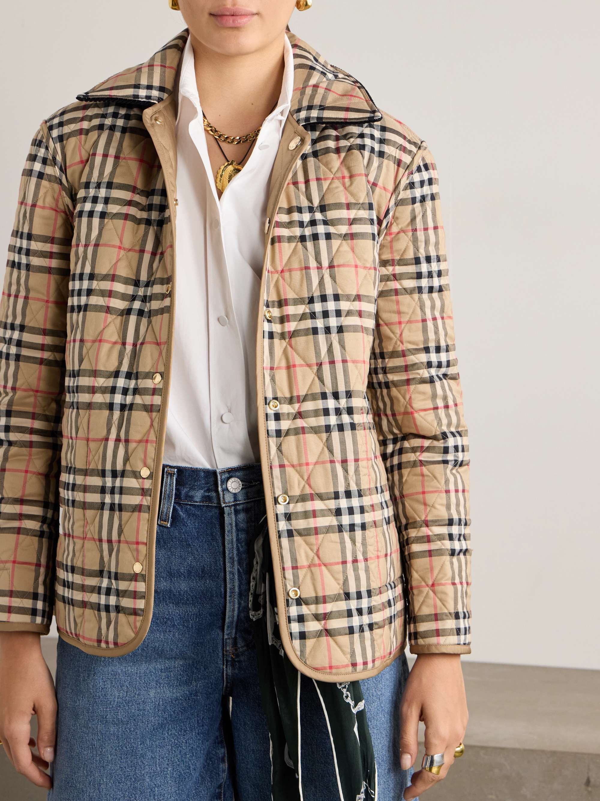 Corduroy-trimmed quilted shell jacket view