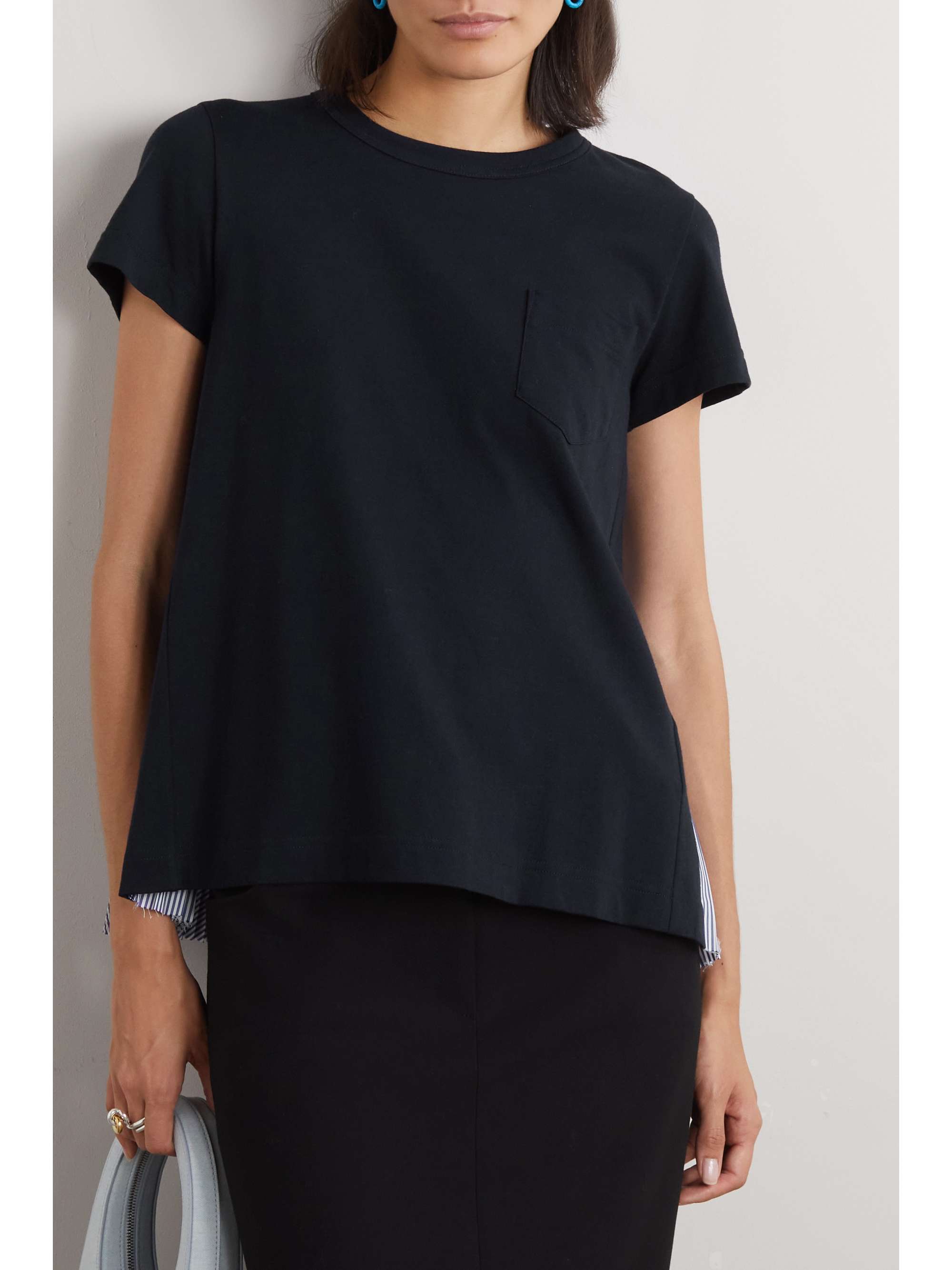 Pleated paneled cotton-jersey and striped poplin T-shirt view