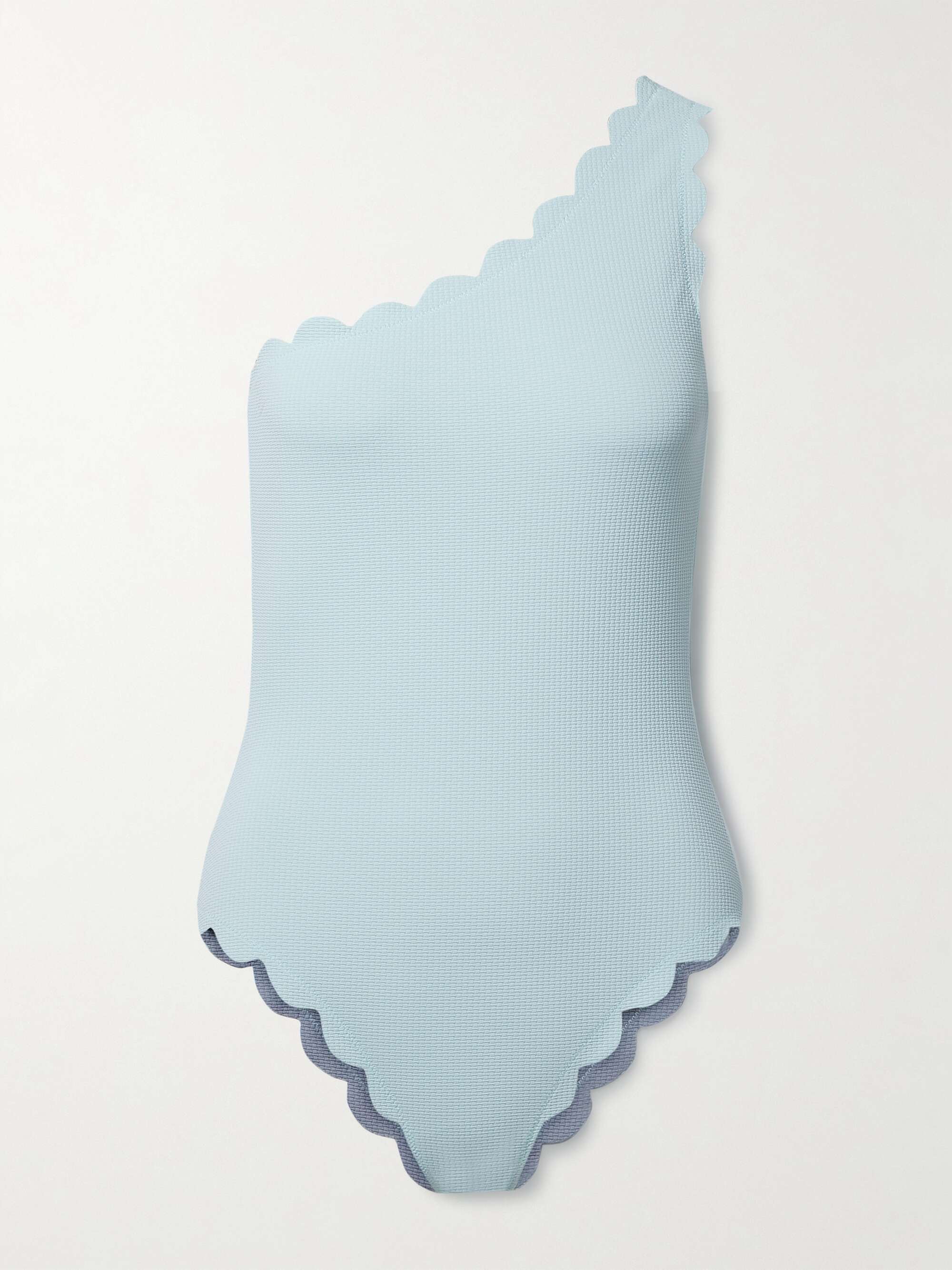 Santa Barbara reversible one-shoulder scalloped seersucker swimsuit hero visual