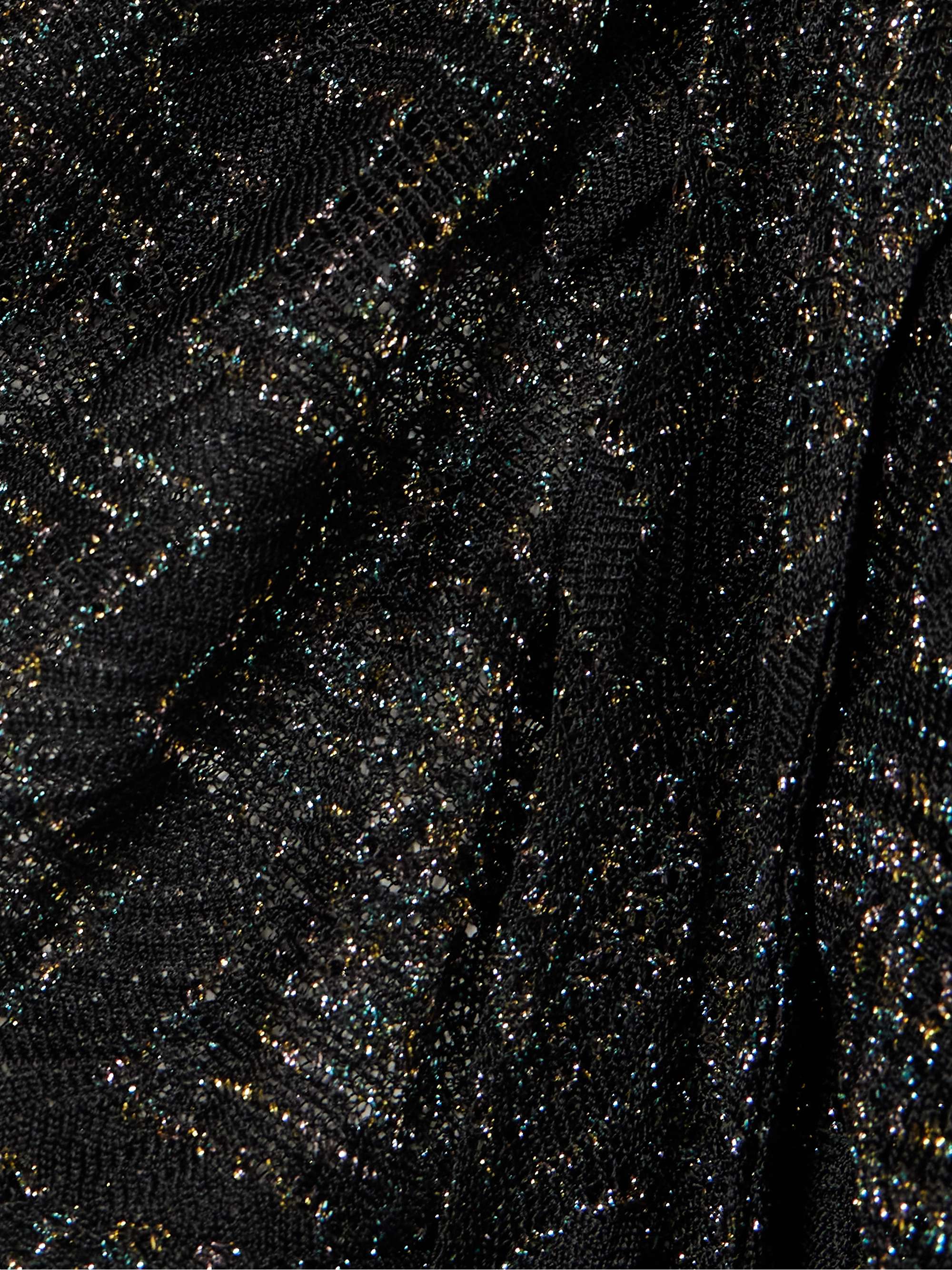 Cropped tie-detailed metallic crochet-knit top view