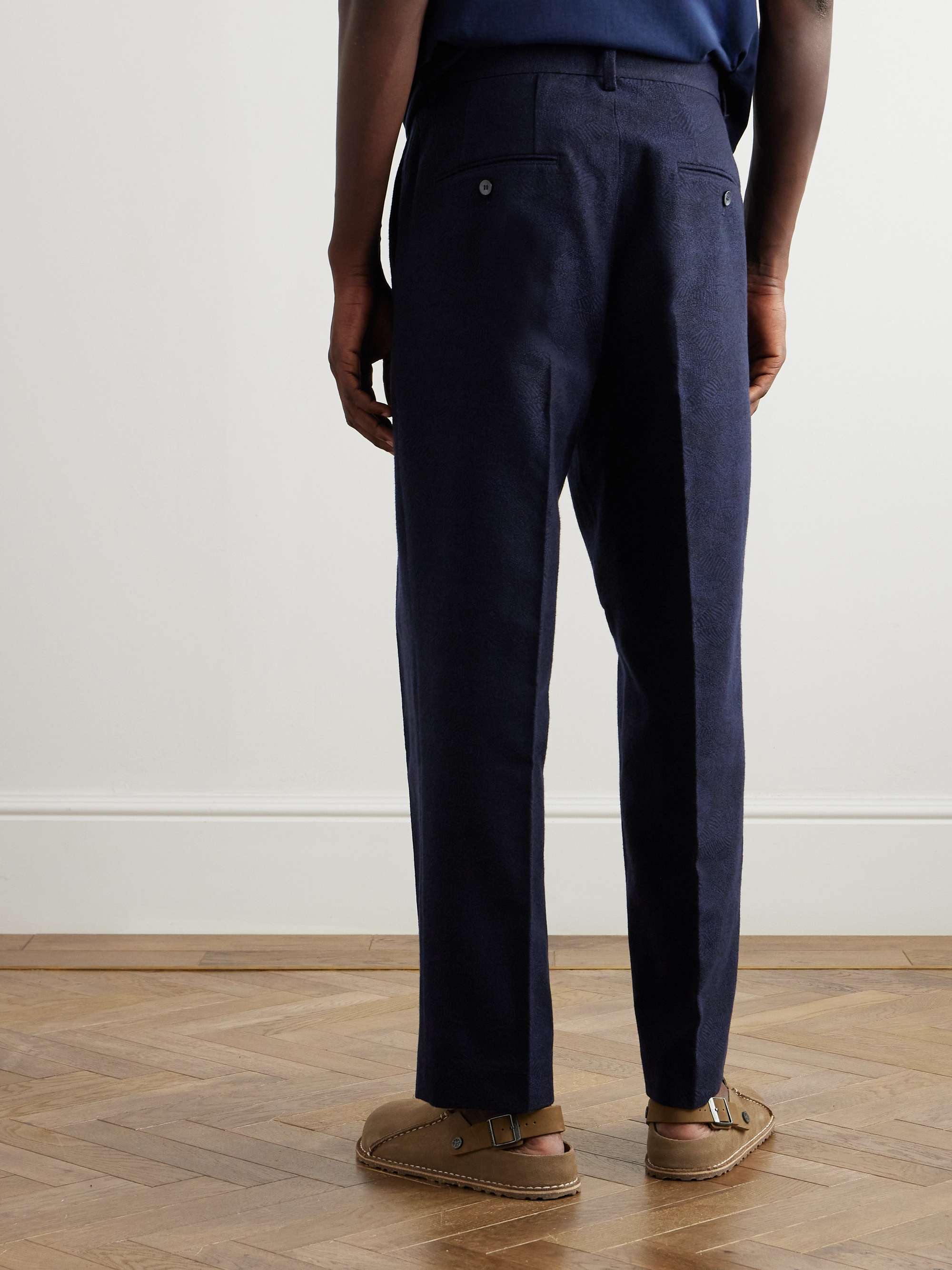 Straight-Leg Pleated Jacquard Cotton and Wool-Blend Suit Trousers view