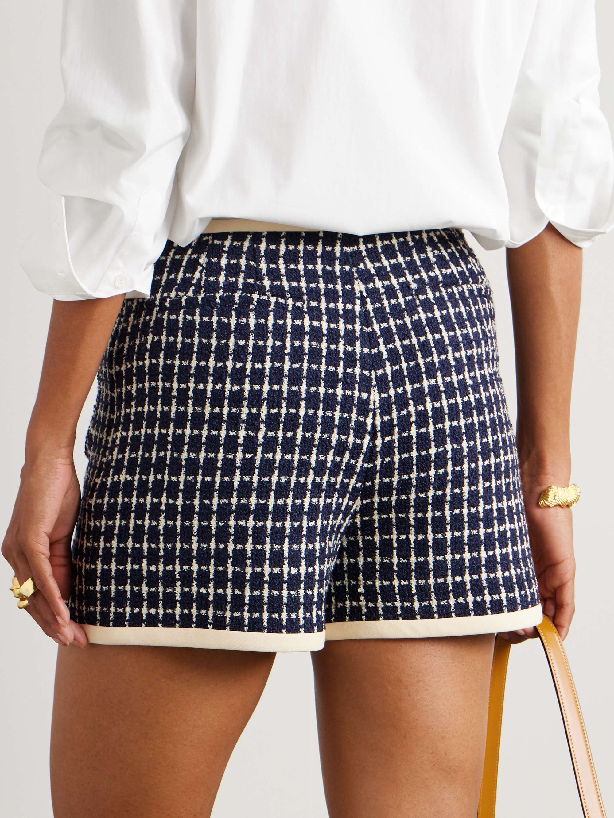 Button-embellished checked wool-blend bouclé shorts view