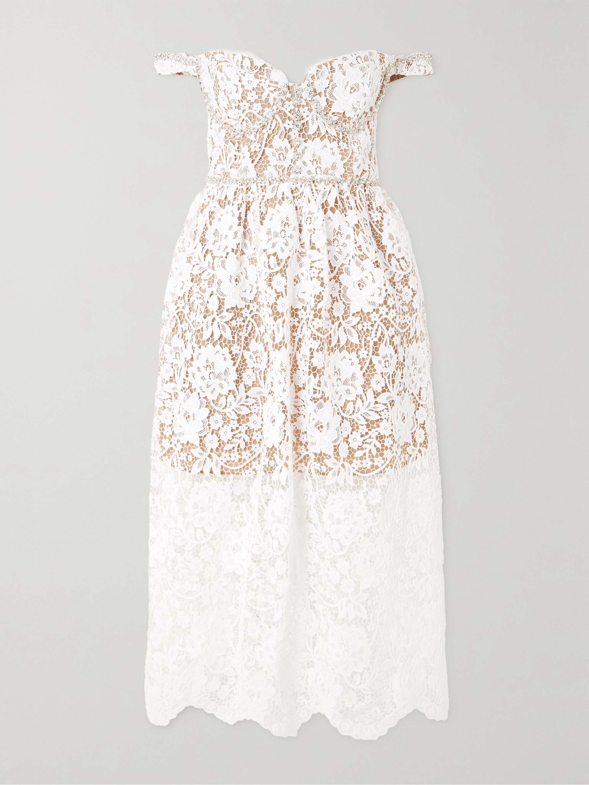 Off-the-shoulder crystal-embellished corded lace midi dress hero visual