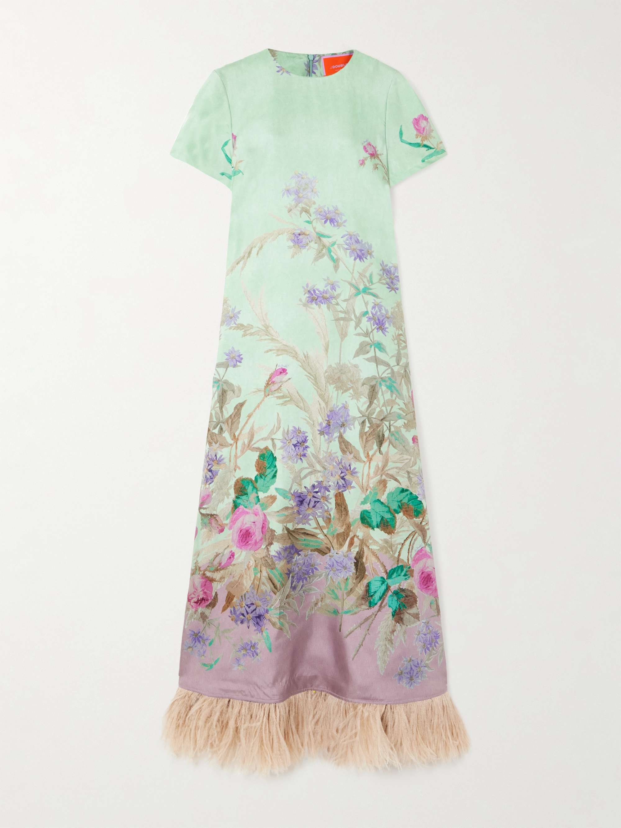 Feather-trimmed floral-print silk-twill maxi dress hero visual